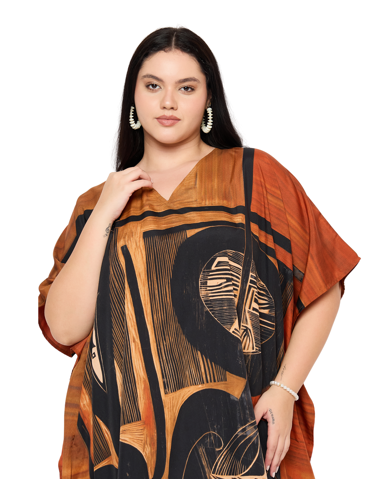 Black Tribal Polyester Women Plus Size Caftan Loungewear Dress