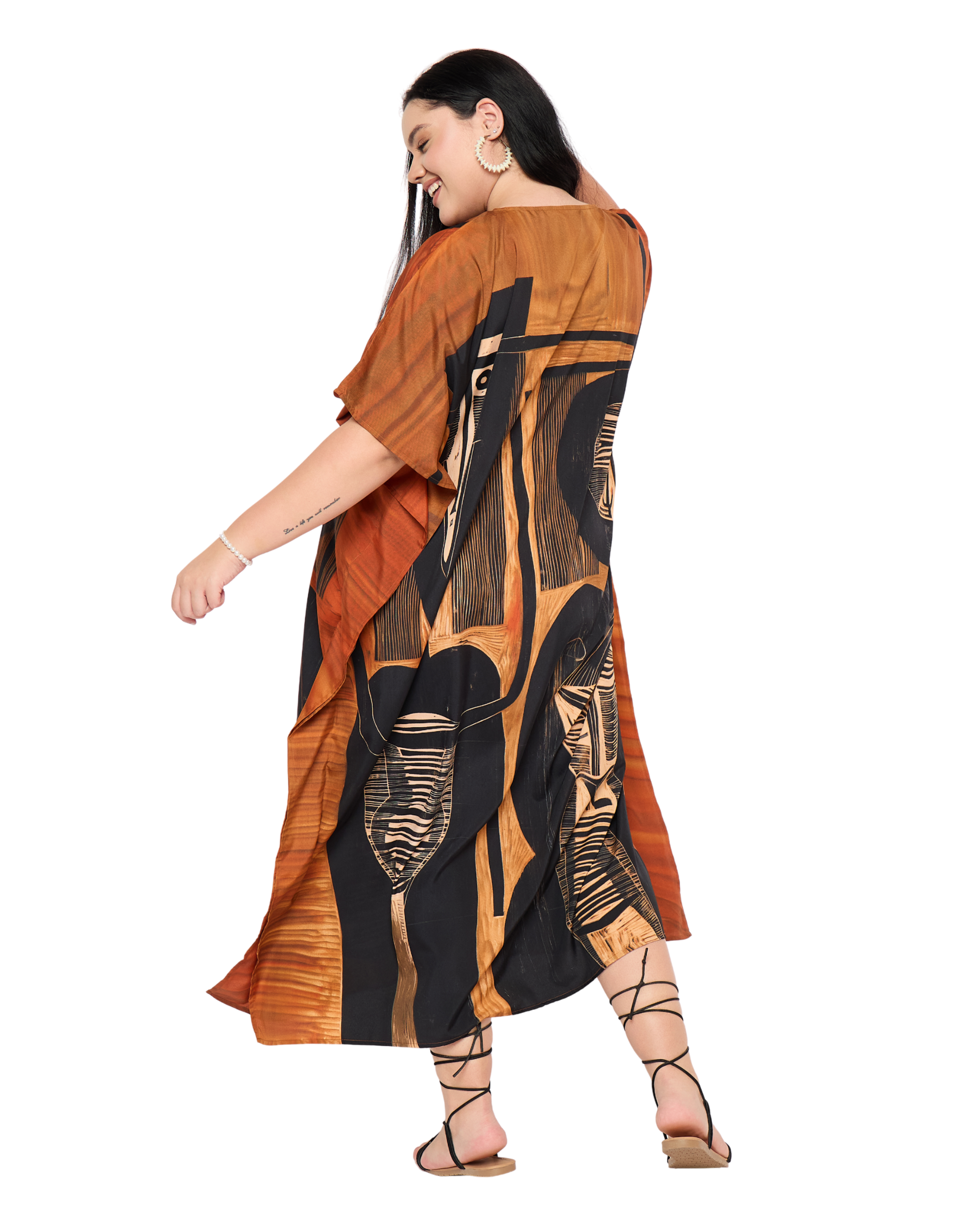 Black Tribal Polyester Women Plus Size Caftan Loungewear Dress