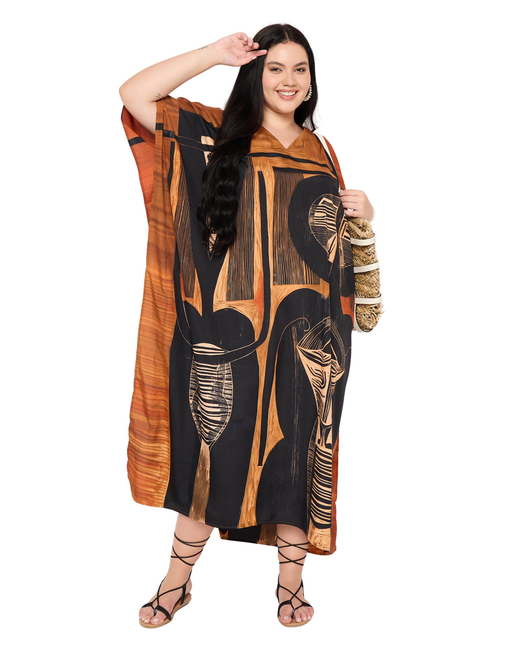 Black Tribal Polyester Women Plus Size Caftan Loungewear Dress