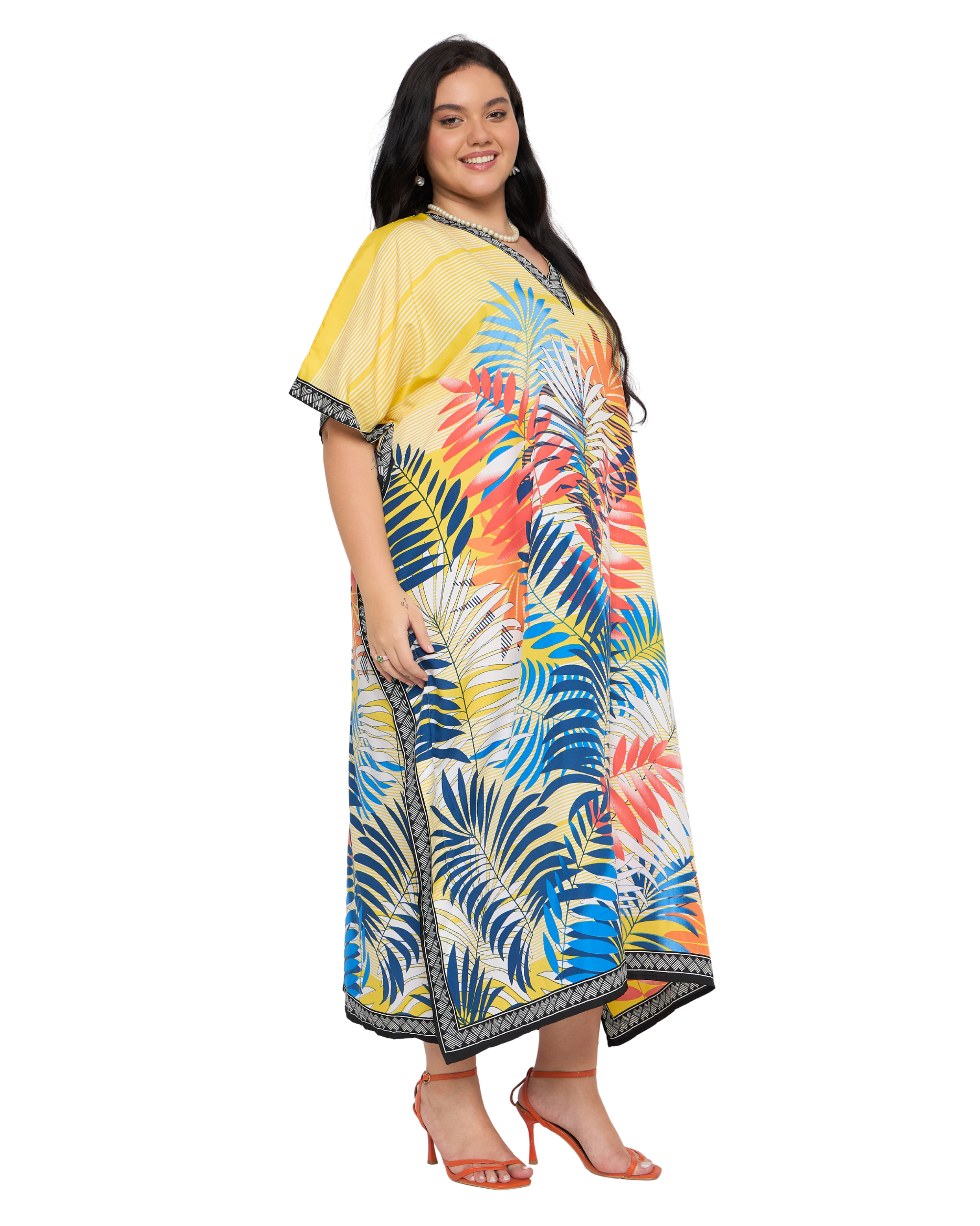 Bright yellow Tropical Leaf Polyester Women Plus Size Kaftan Dress