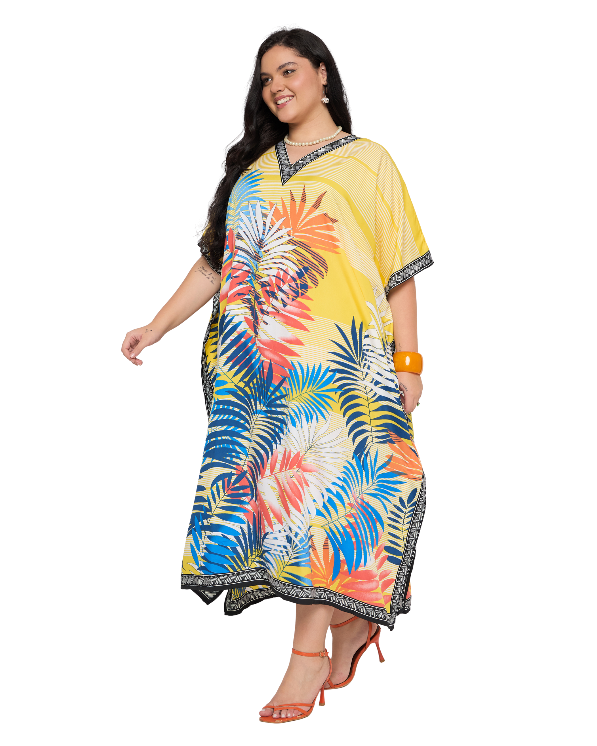 Bright yellow Tropical Leaf Polyester Women Plus Size Kaftan Dress