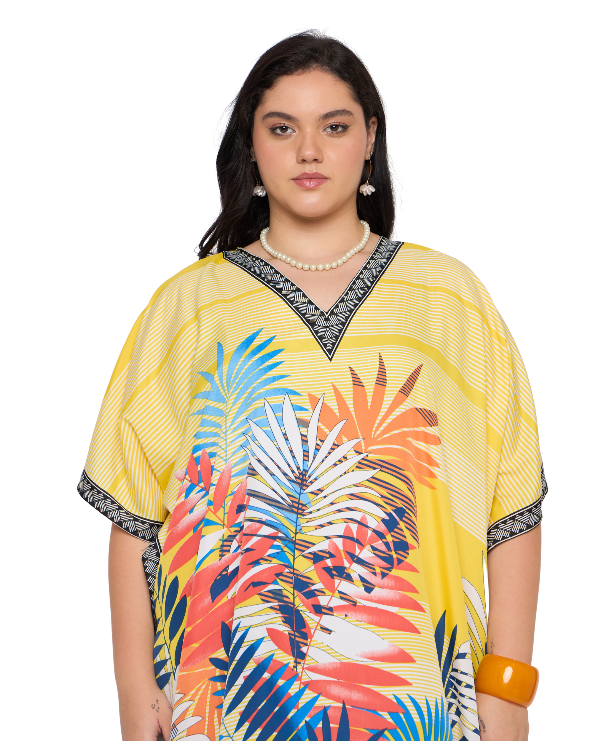 Bright yellow Tropical Leaf Polyester Women Plus Size Kaftan Dress