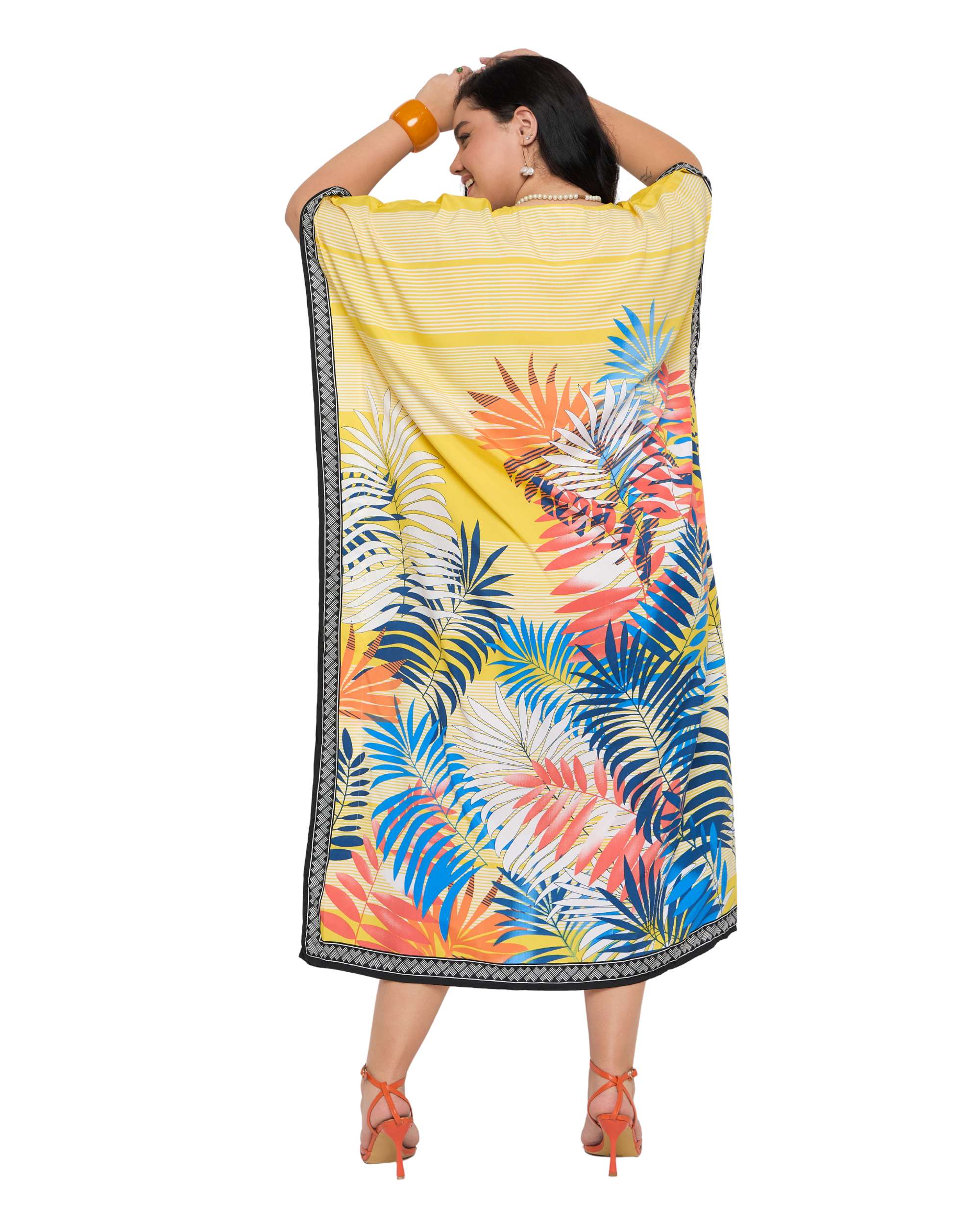 Bright yellow Tropical Leaf Polyester Women Plus Size Kaftan Dress
