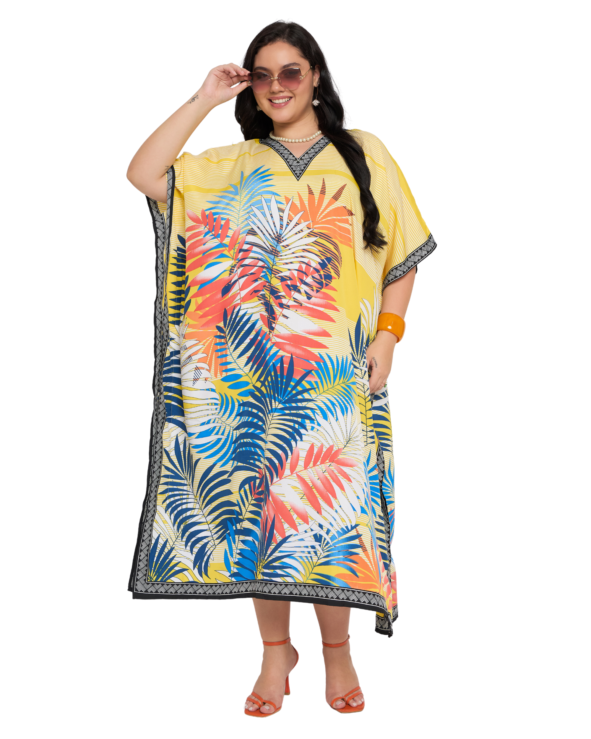 Bright yellow Tropical Leaf Polyester Women Plus Size Kaftan Dress