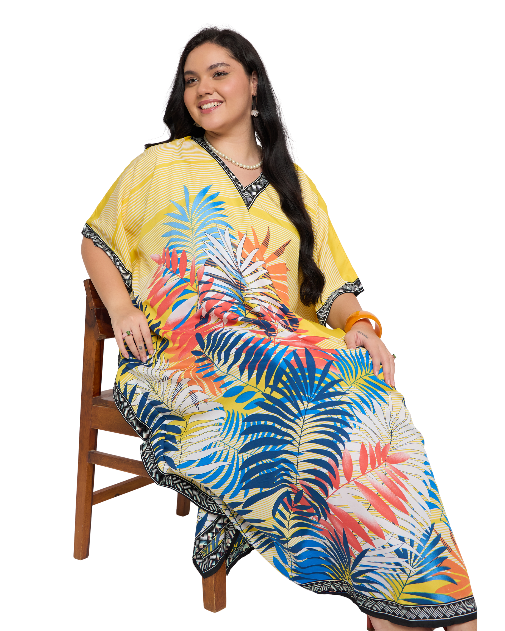 Bright yellow Tropical Leaf Polyester Women Plus Size Kaftan Dress