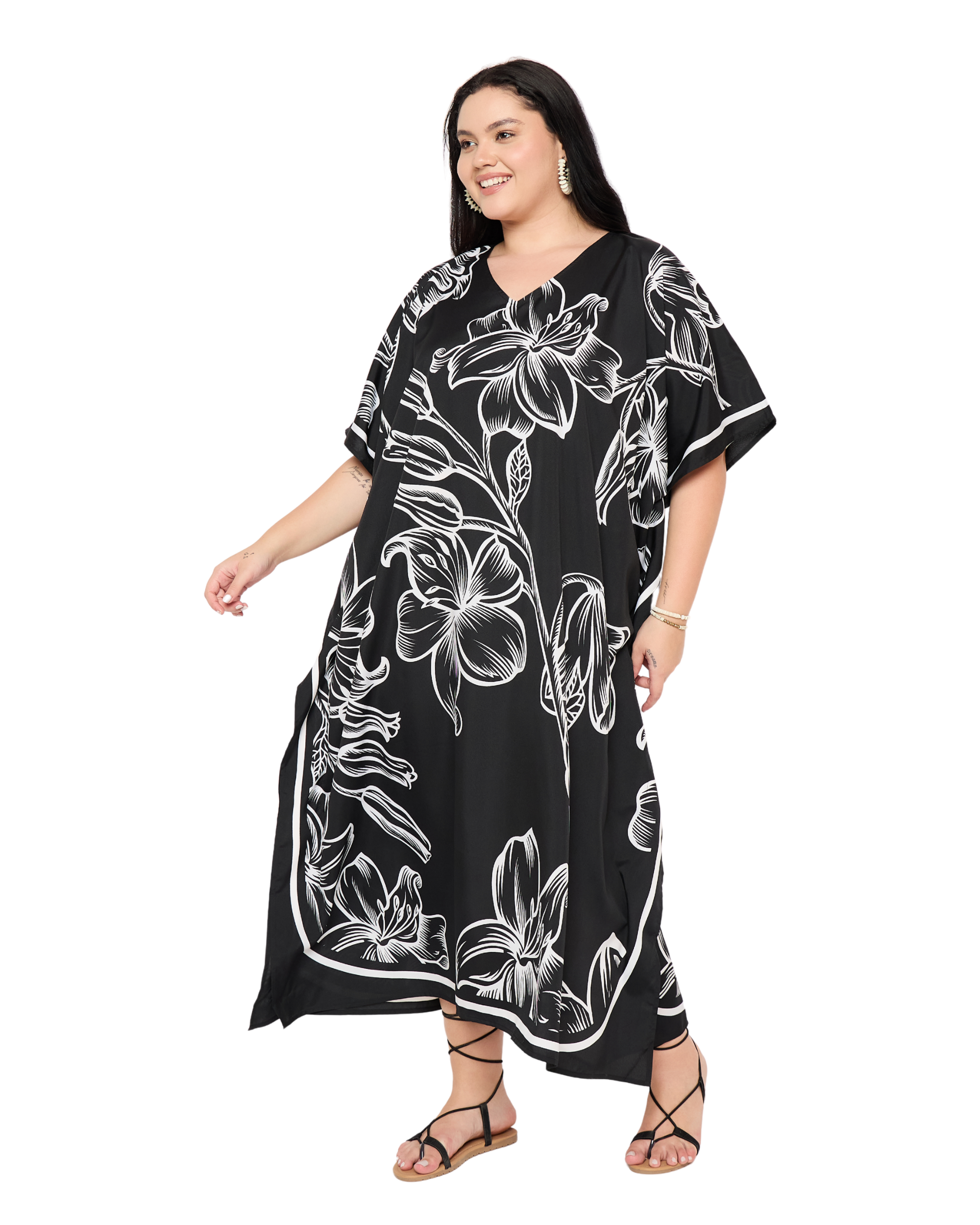 Black Floral Polyester Women Plus Size Kaftan Dress Cover Up