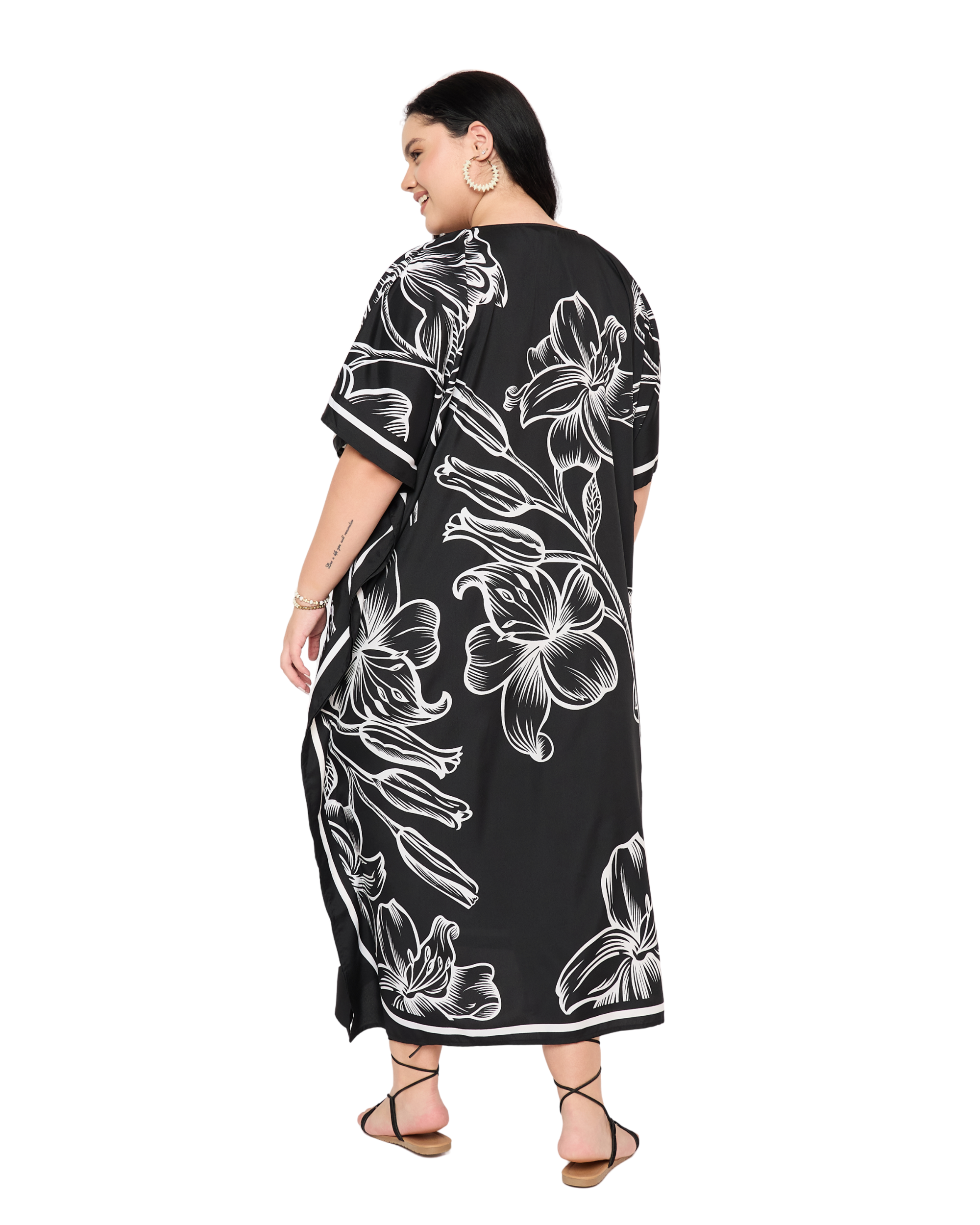 Black Floral Polyester Women Plus Size Kaftan Dress Cover Up