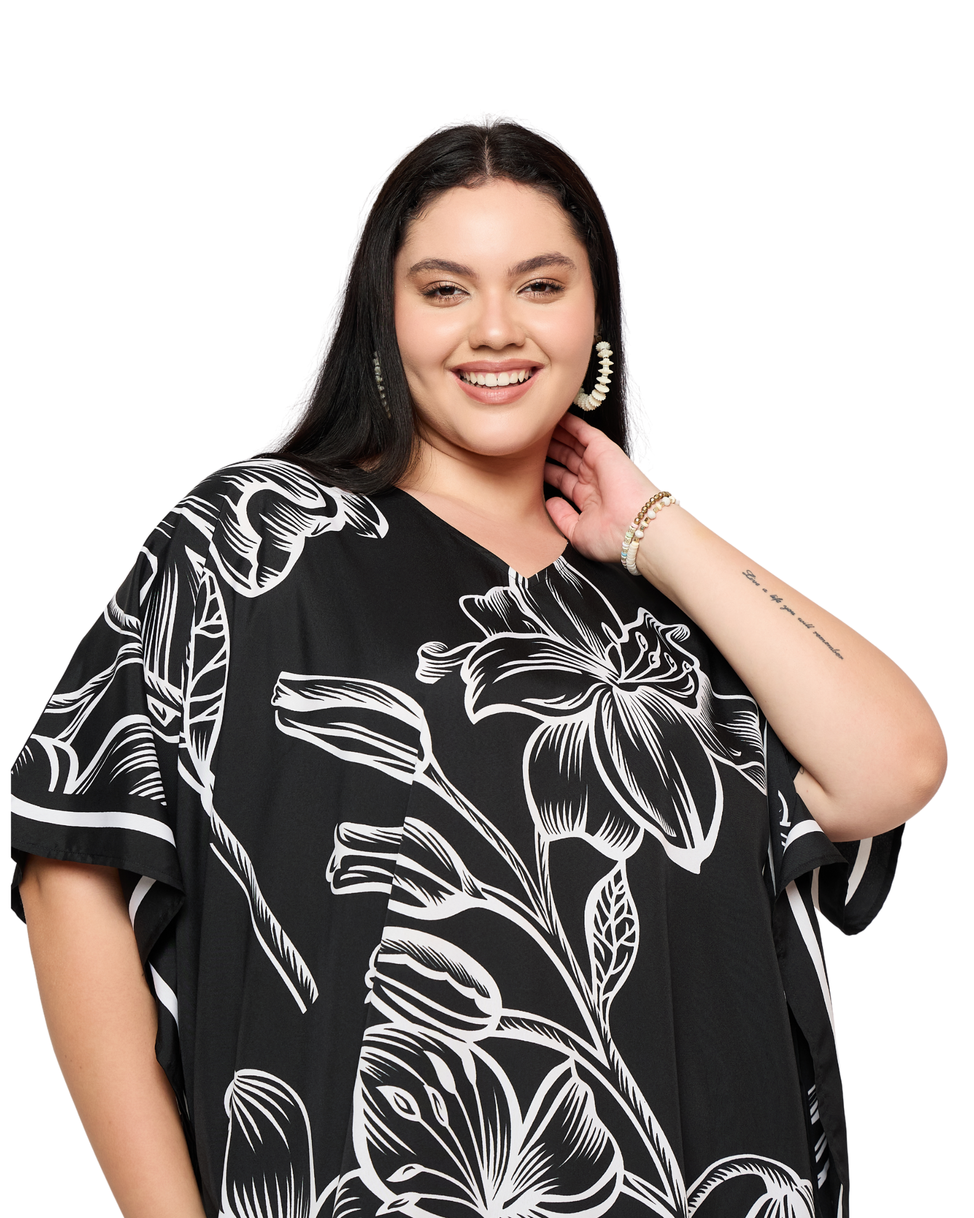 Black Floral Polyester Women Plus Size Kaftan Dress Cover Up