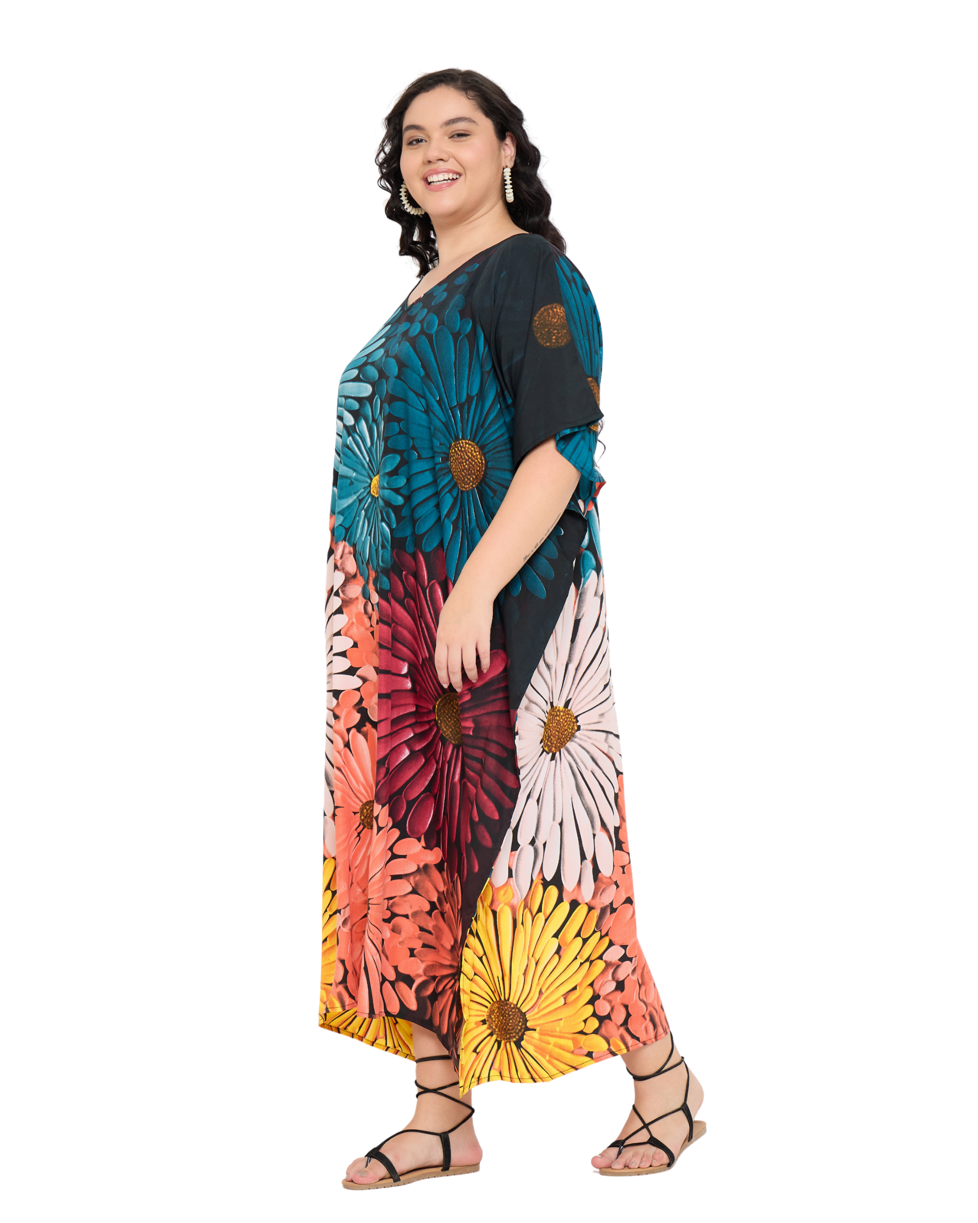 Black Polyester Floral Women Plus Size Long Kaftan Dress