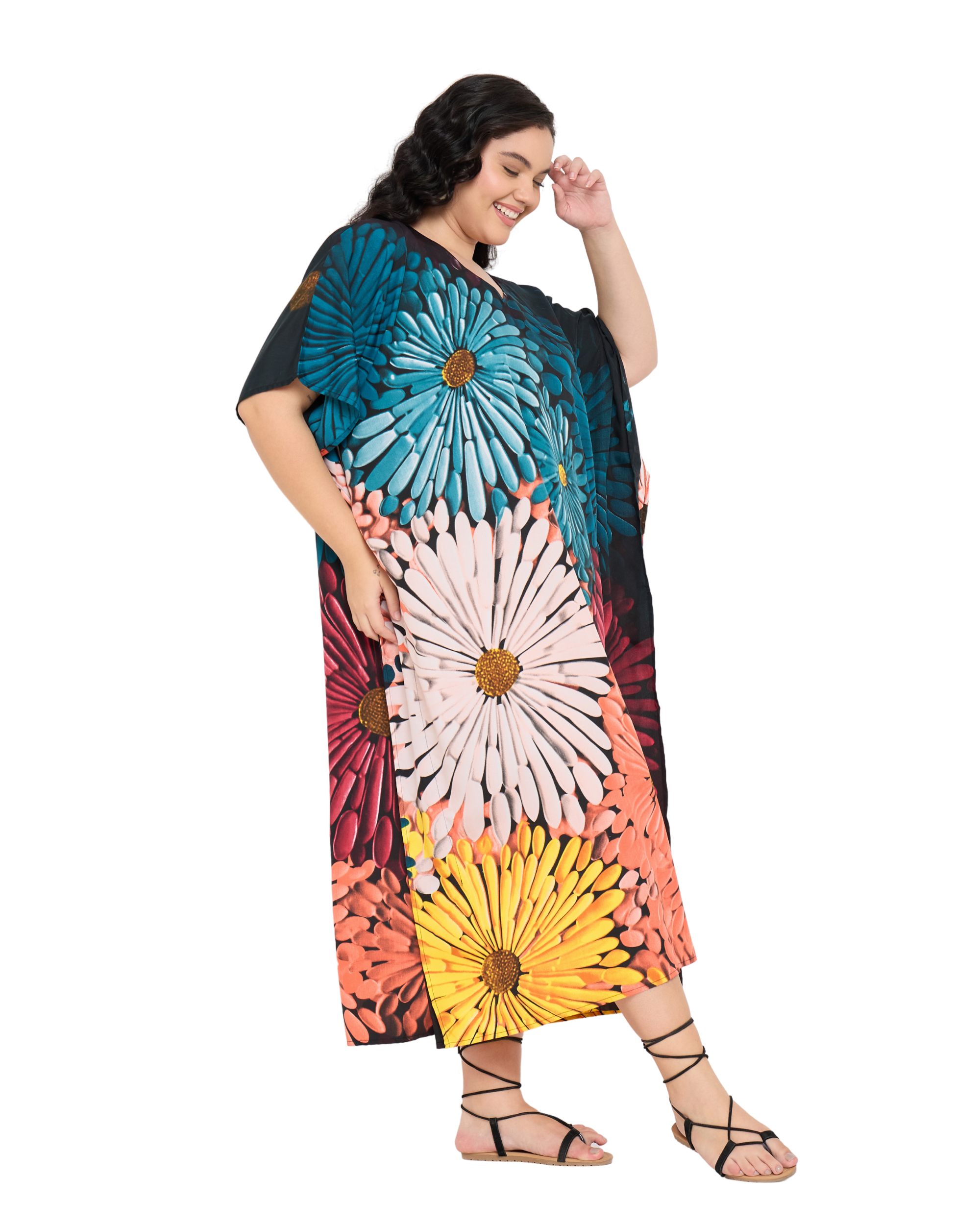 Black Polyester Floral Women Plus Size Long Kaftan Dress