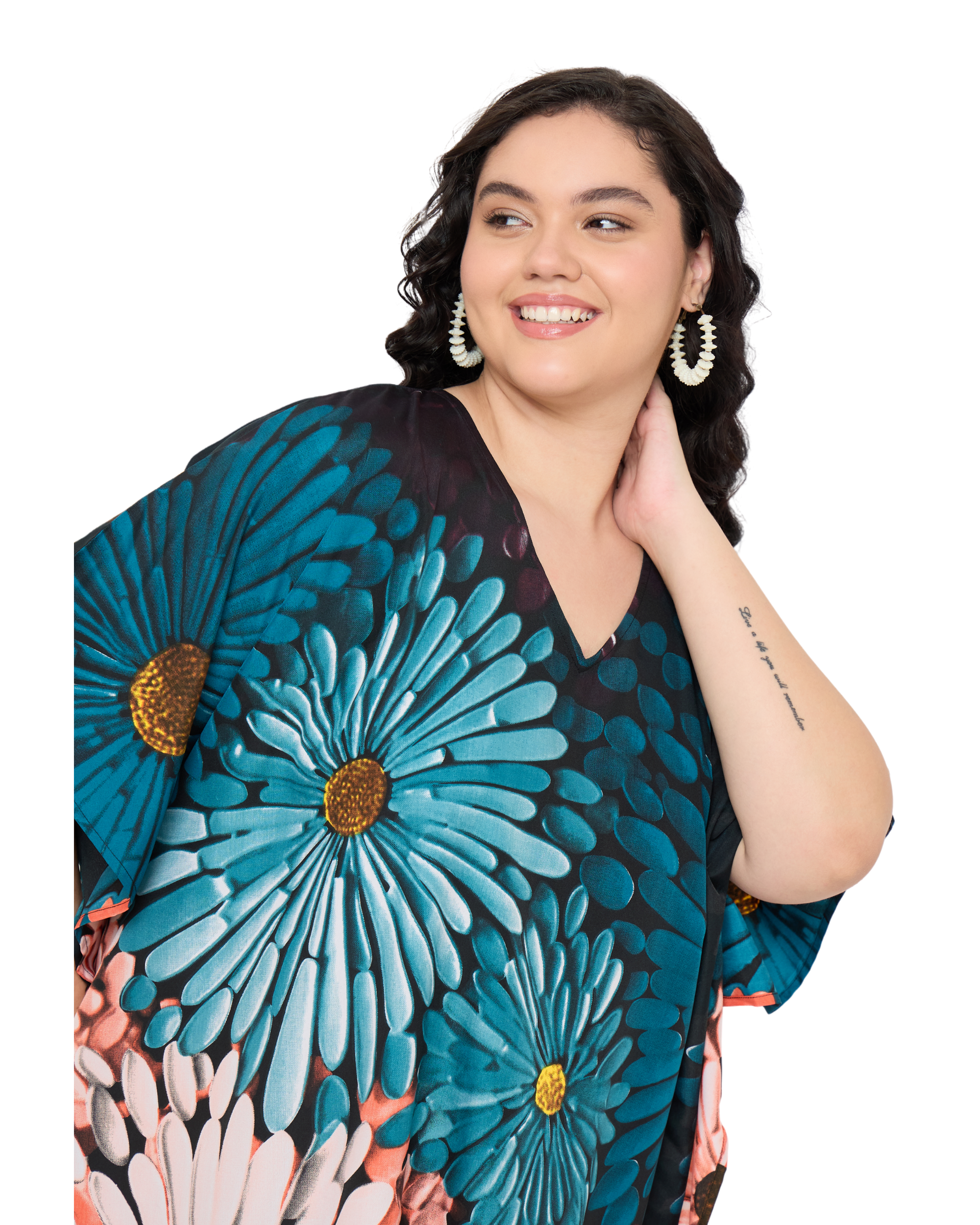 Black Polyester Floral Women Plus Size Long Kaftan Dress
