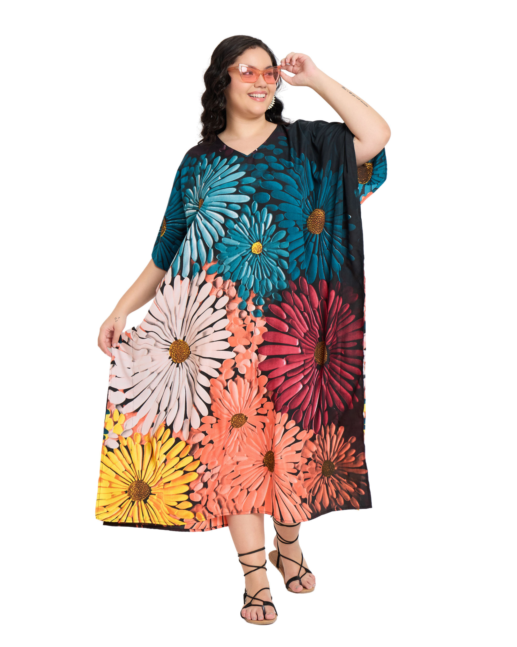 Black Polyester Floral Women Plus Size Long Kaftan Dress
