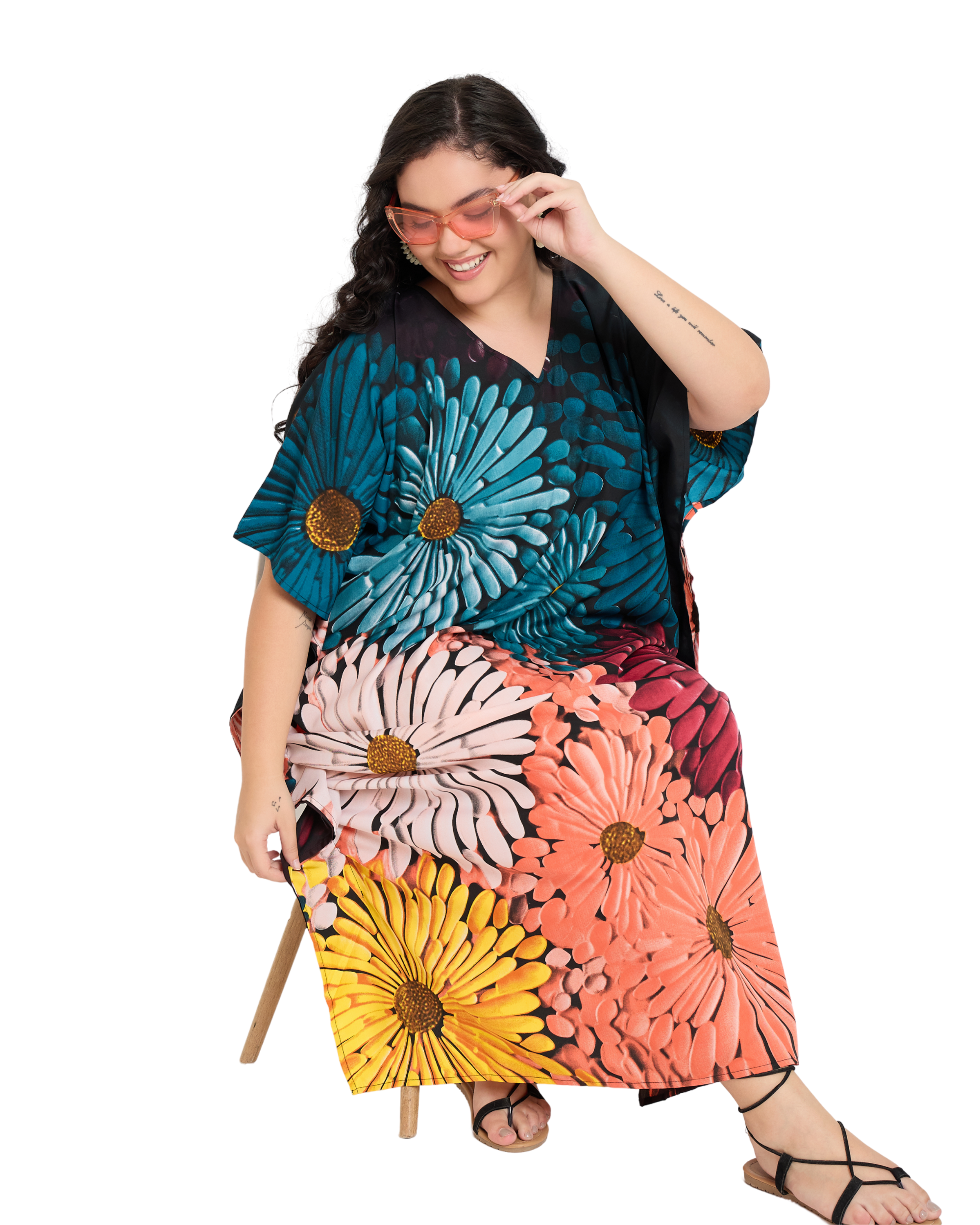 Black Polyester Floral Women Plus Size Long Kaftan Dress