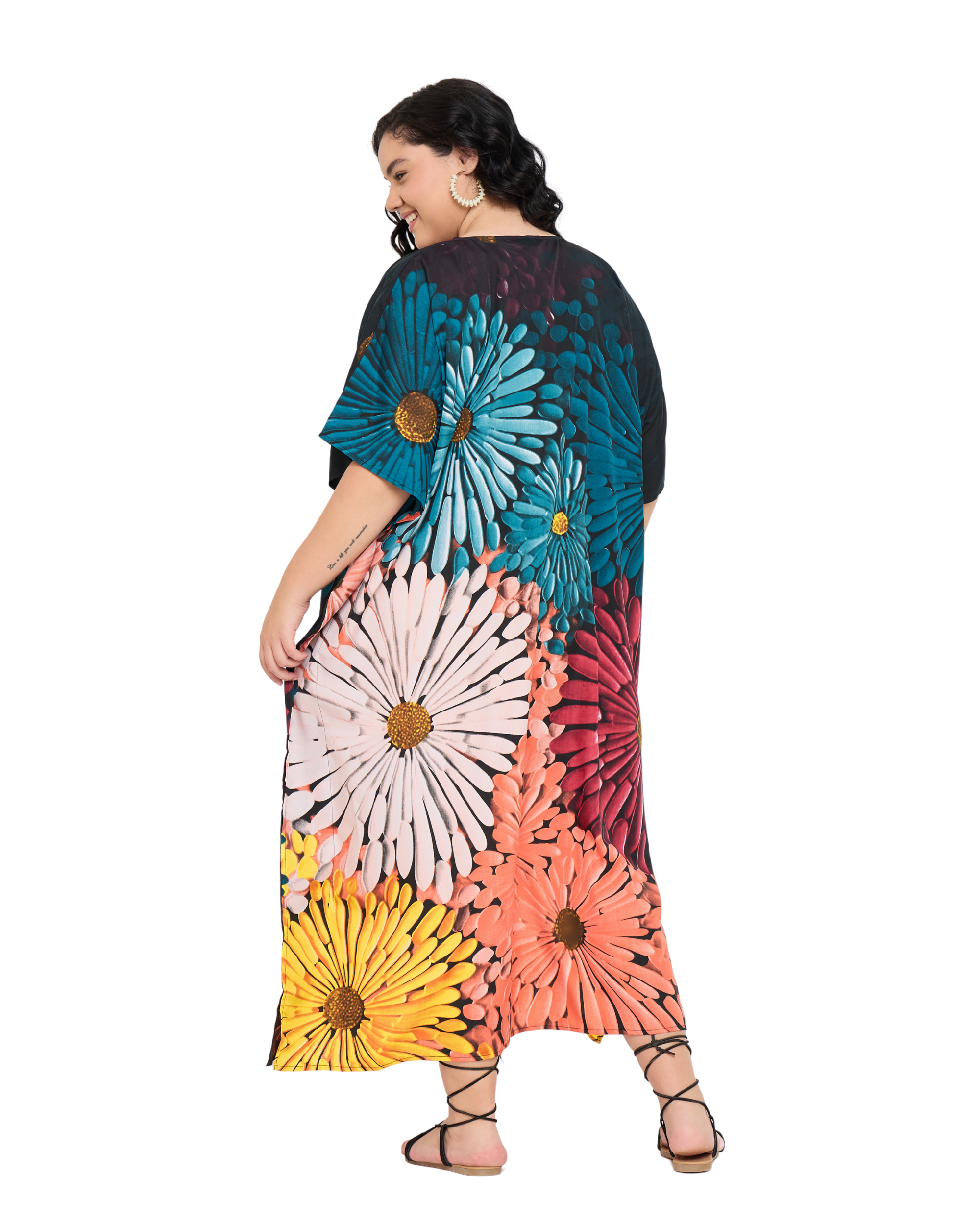 Black Polyester Floral Women Plus Size Long Kaftan Dress