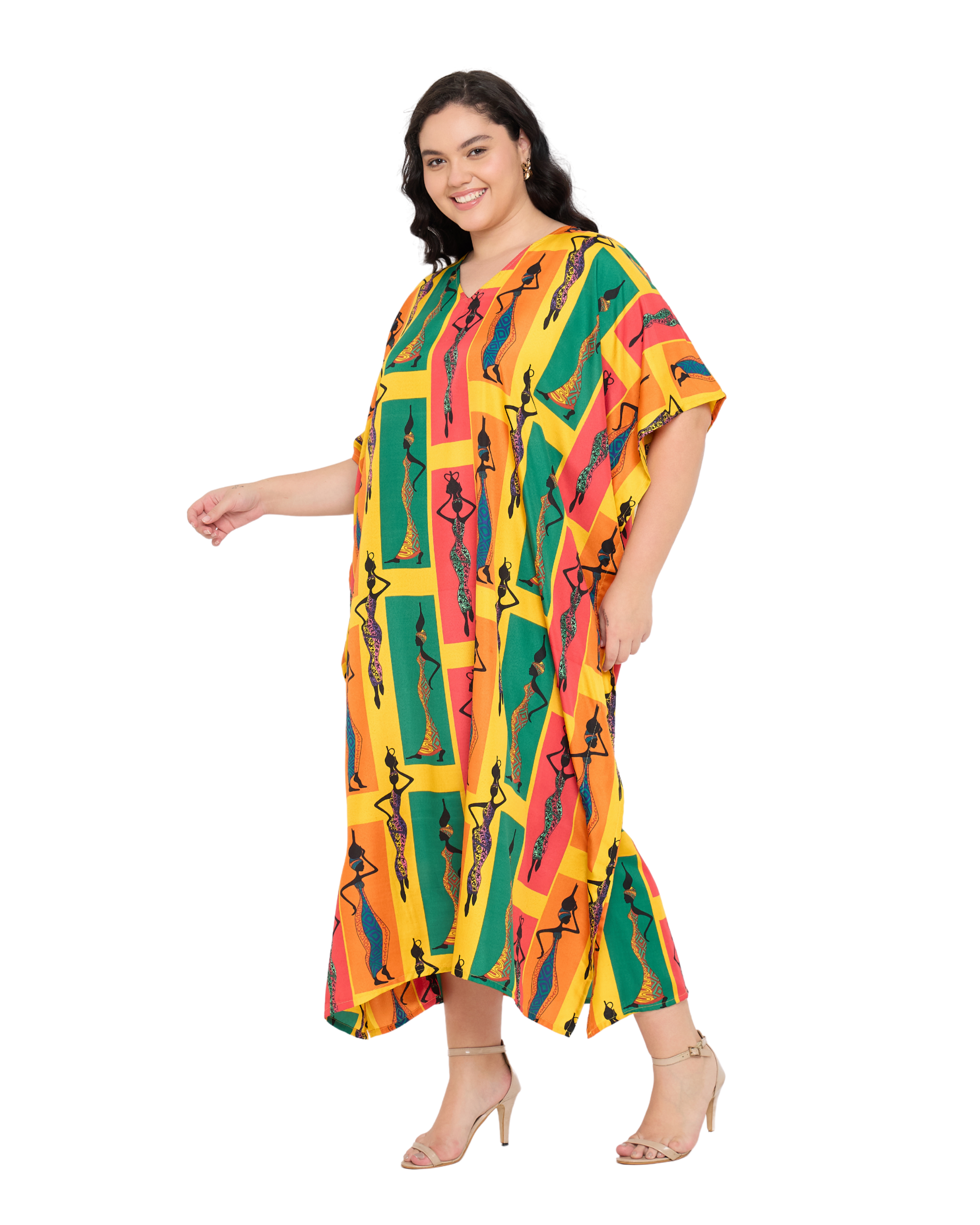 Yellow Polyester Tribal V Neck Loose Plus Size Kaftan Dress