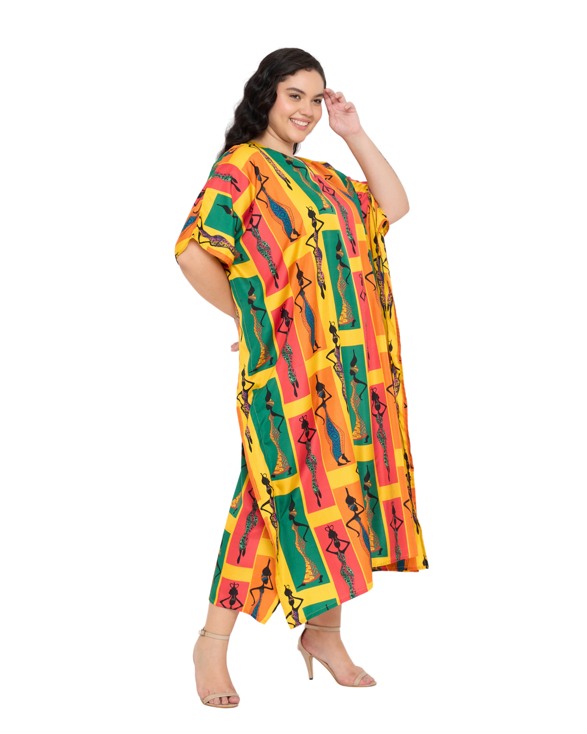 Yellow Polyester Tribal V Neck Loose Plus Size Kaftan Dress