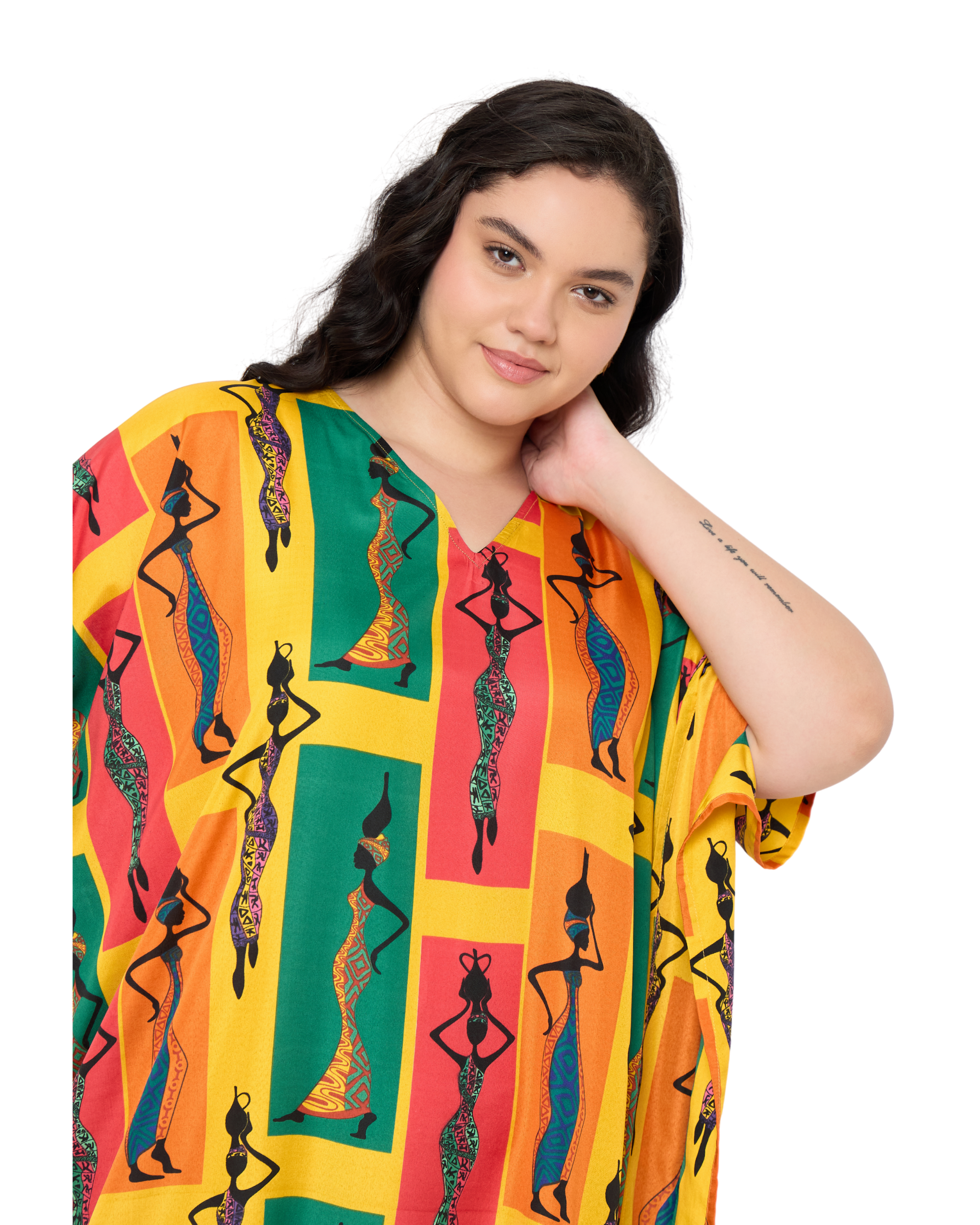 Yellow Polyester Tribal V Neck Loose Plus Size Kaftan Dress