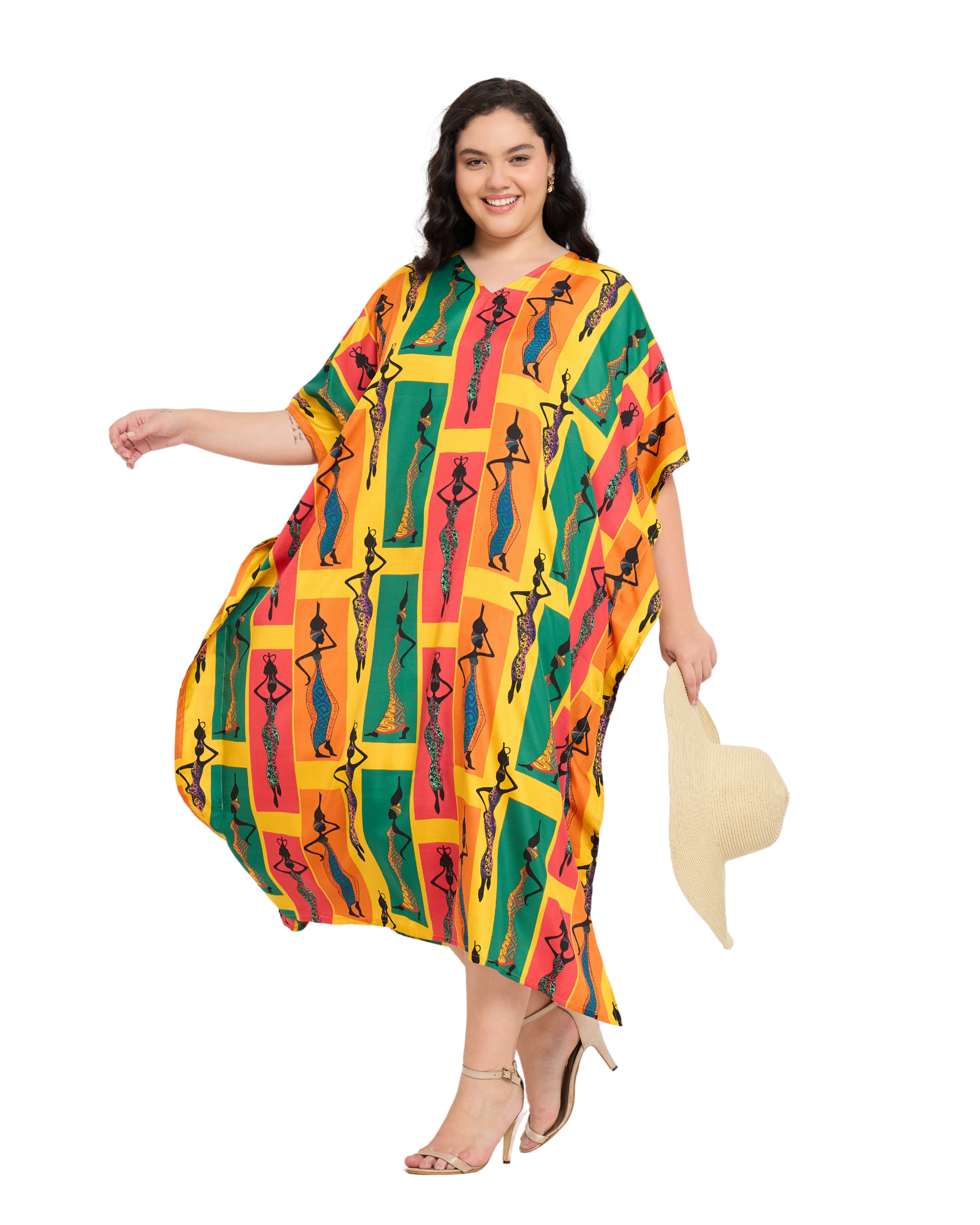 Yellow Polyester Tribal V Neck Loose Plus Size Kaftan Dress