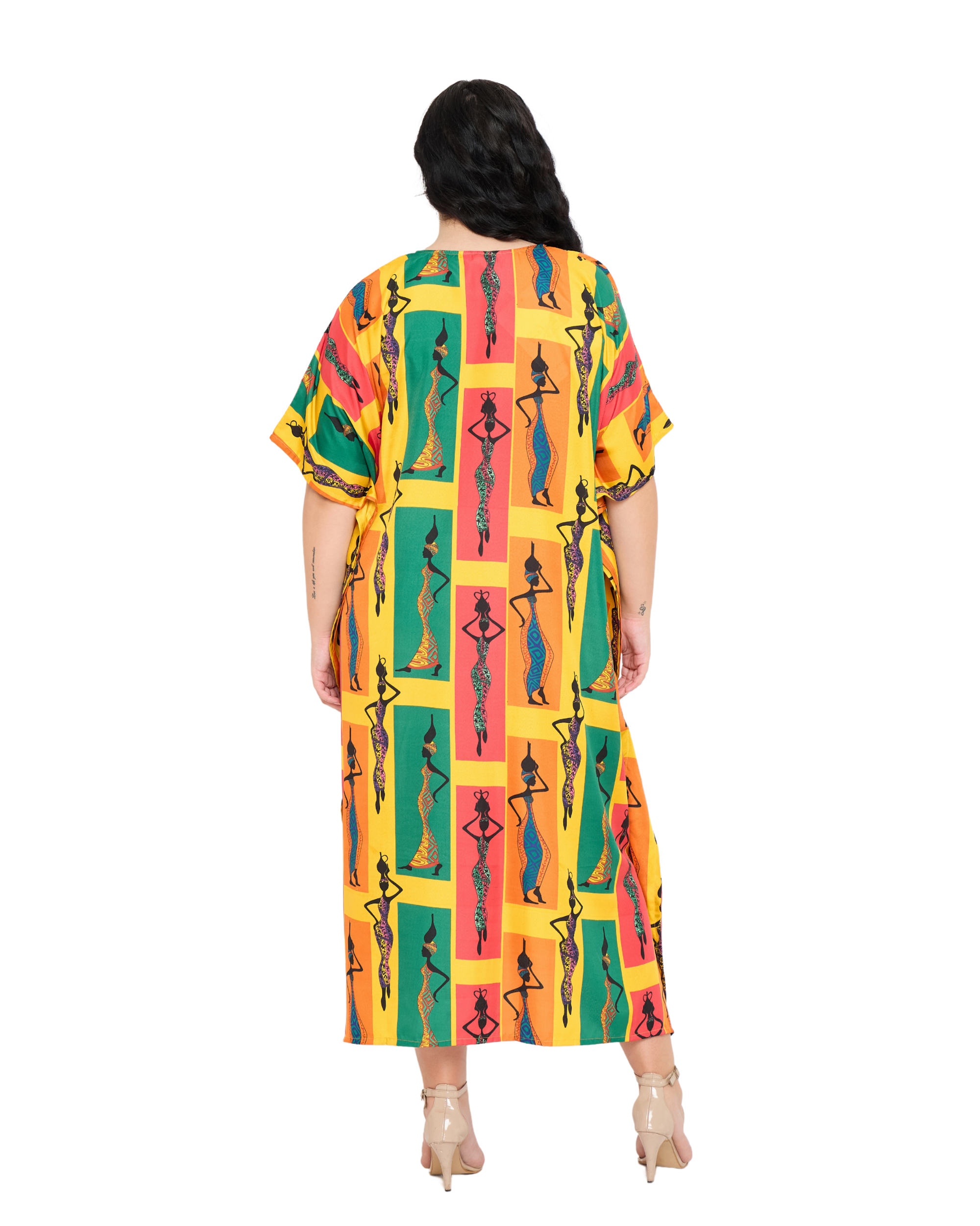 Yellow Polyester Tribal V Neck Loose Plus Size Kaftan Dress