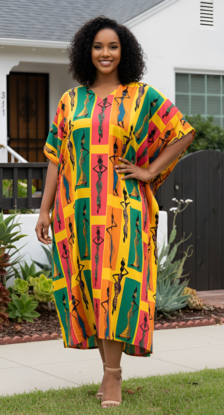 Yellow Polyester Tribal V Neck Loose Plus Size Kaftan Dress
