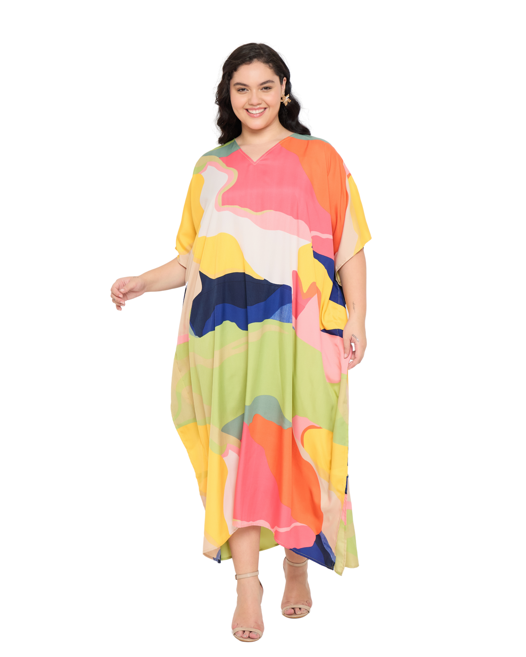 Abstract Polyester Women Plus Size Kaftan Dress Loungewear