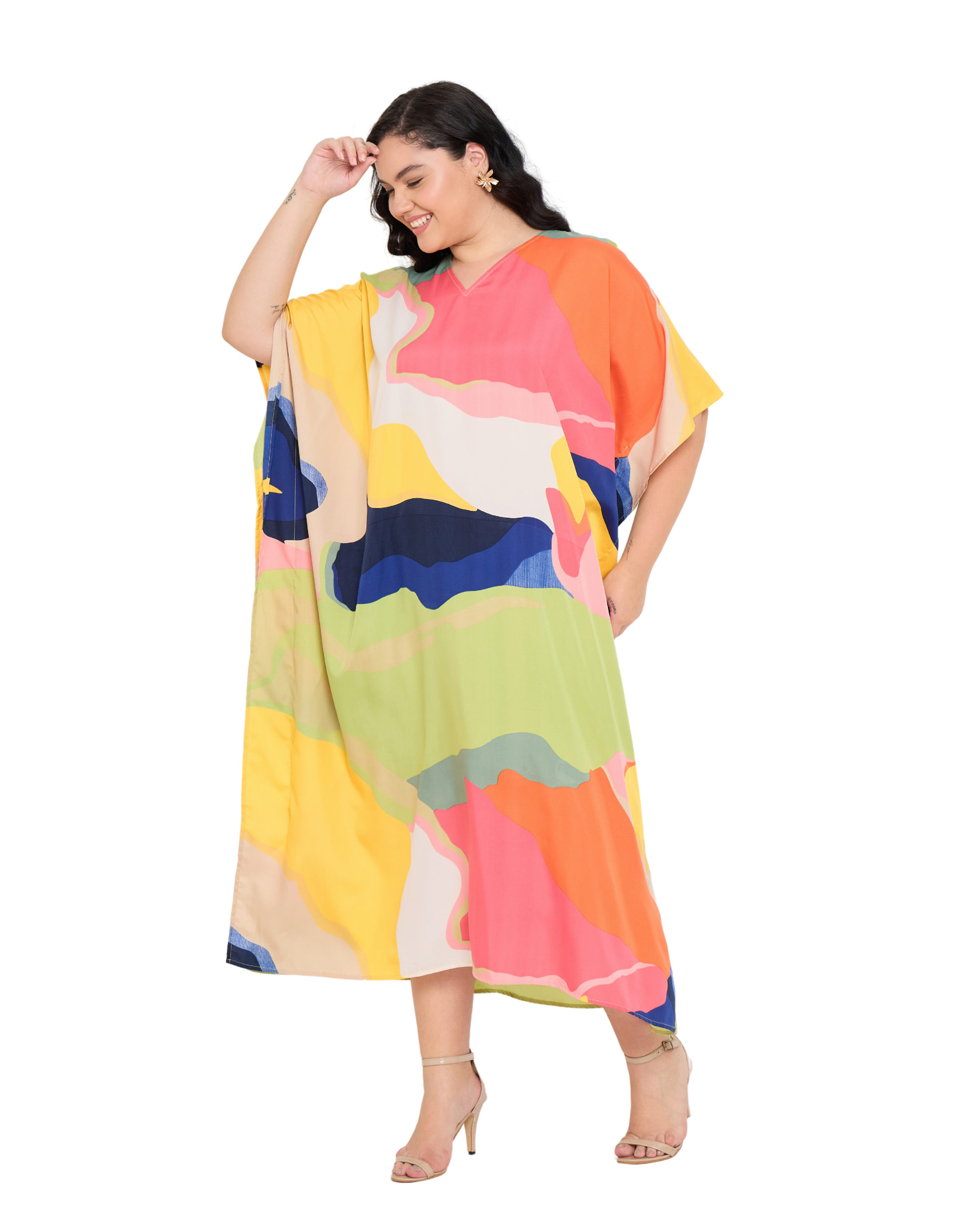 Abstract Polyester Women Plus Size Kaftan Dress Loungewear
