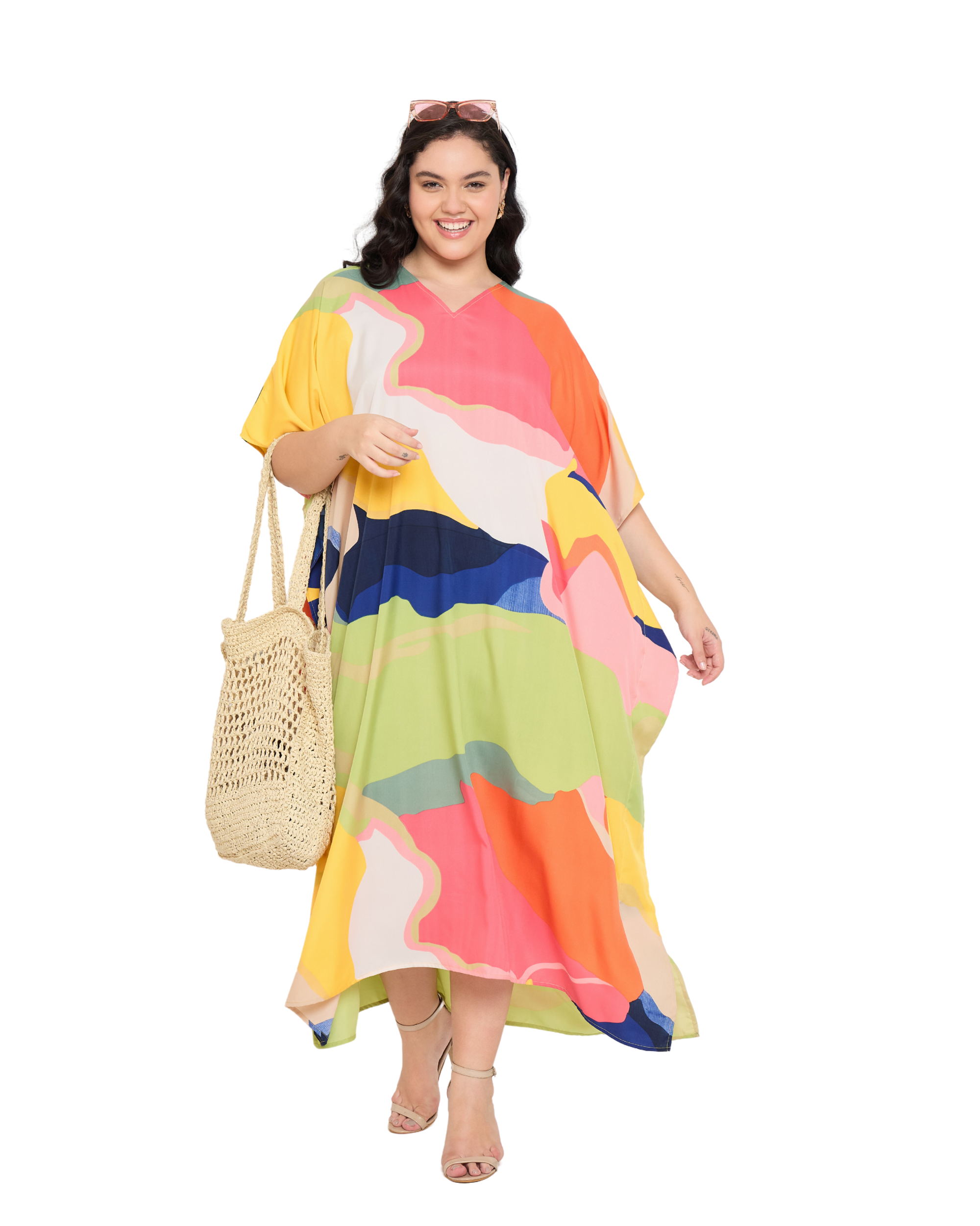 Abstract Polyester Women Plus Size Kaftan Dress Loungewear