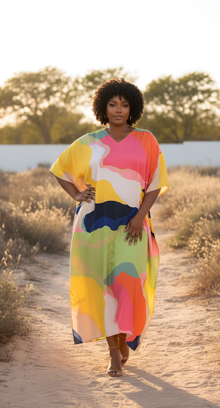 Abstract Polyester Women Plus Size Kaftan Dress Loungewear