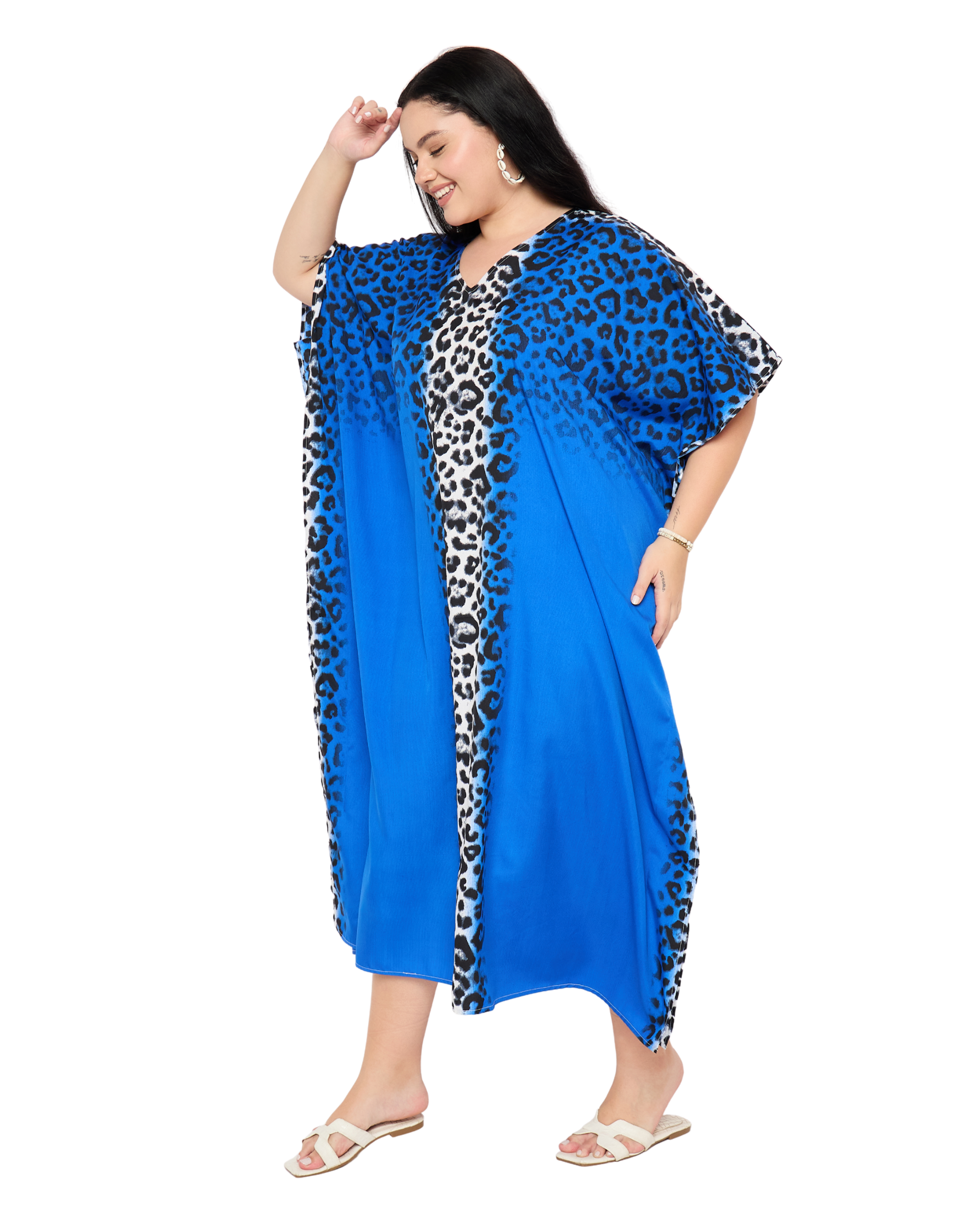 Royal Blue Leopard Polyester Women Plus Size Resort Kaftan