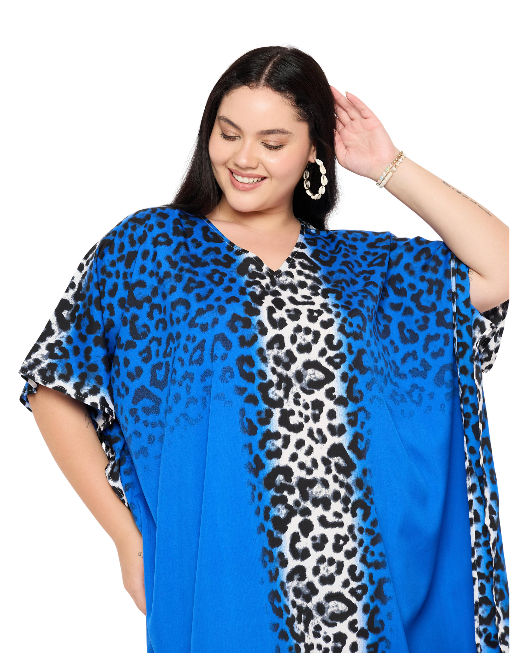Royal Blue Leopard Polyester Women Plus Size Resort Kaftan