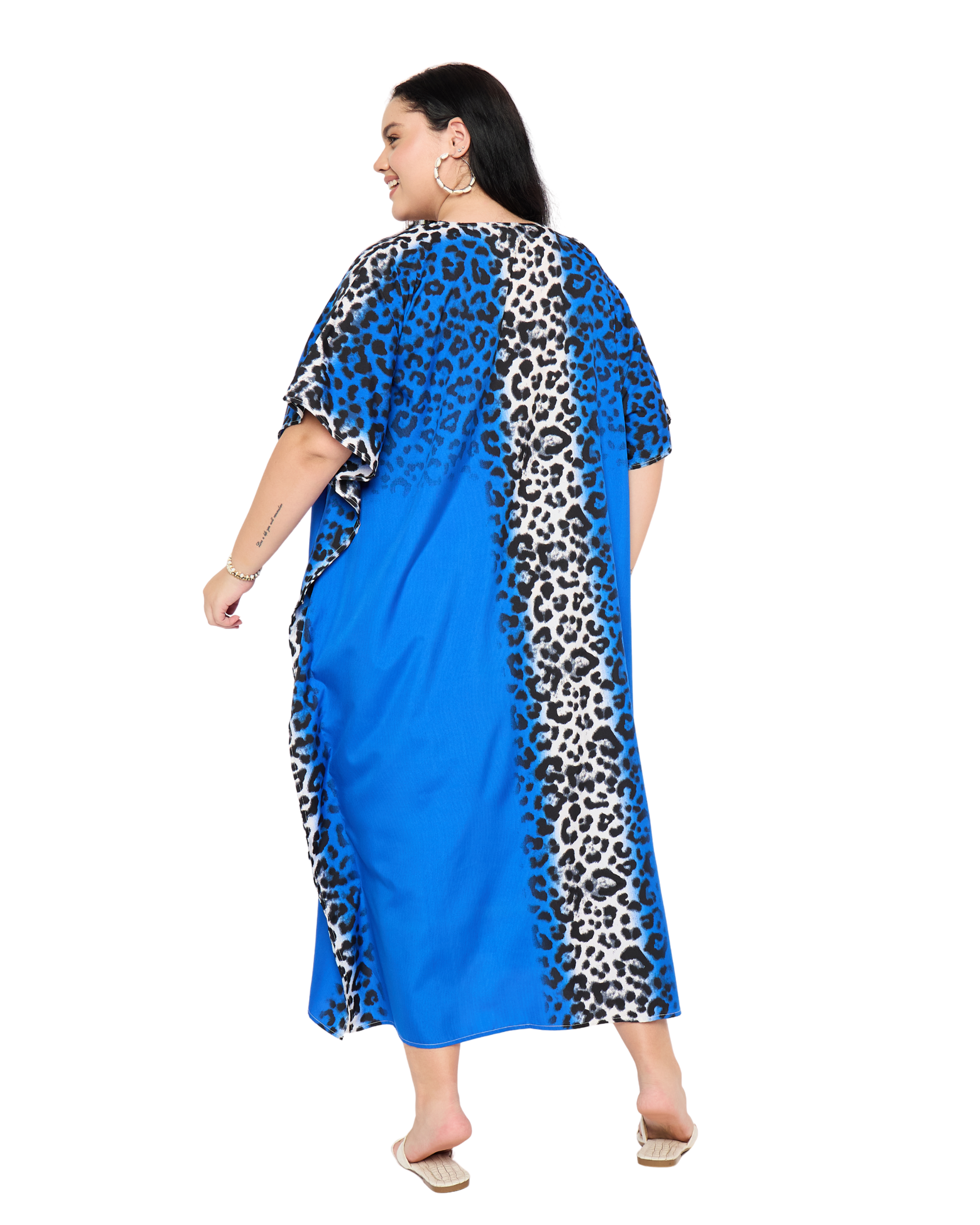 Royal Blue Leopard Polyester Women Plus Size Resort Kaftan
