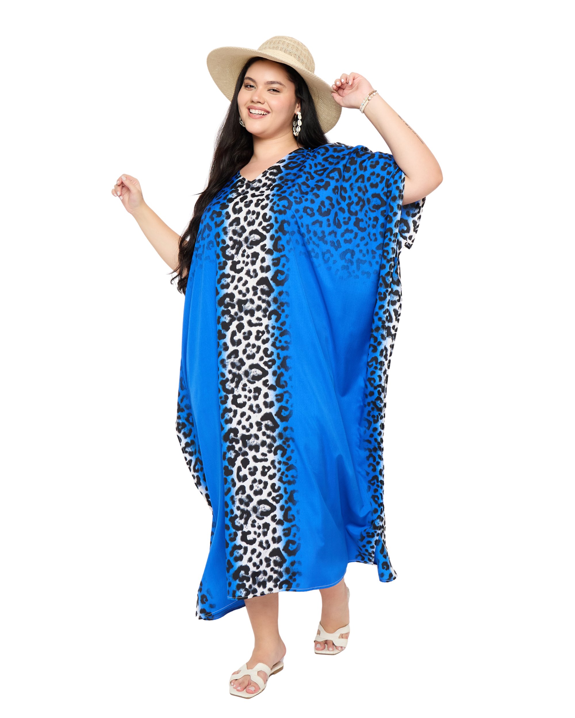 Royal Blue Leopard Polyester Women Plus Size Resort Kaftan