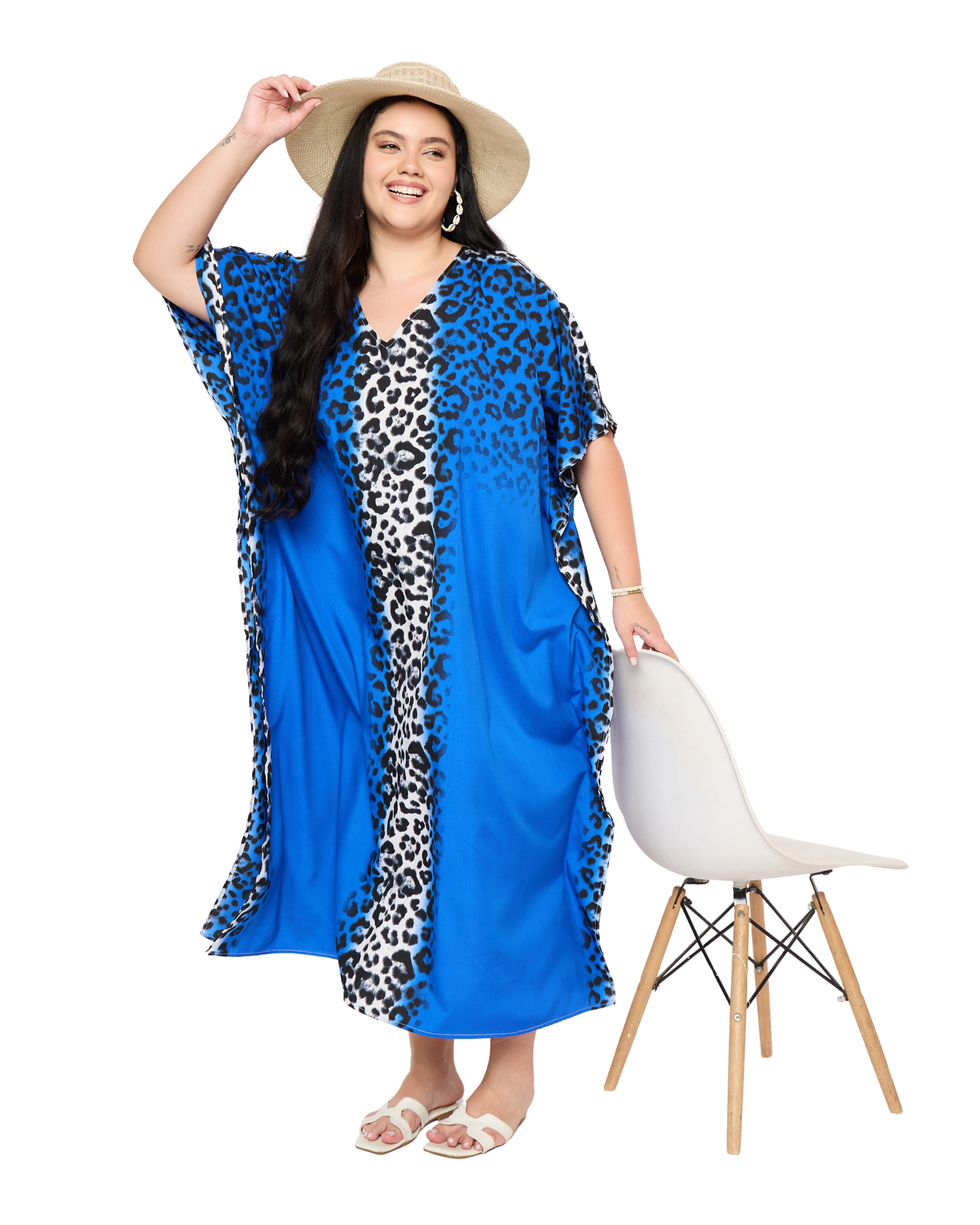 Royal Blue Leopard Polyester Women Plus Size Resort Kaftan