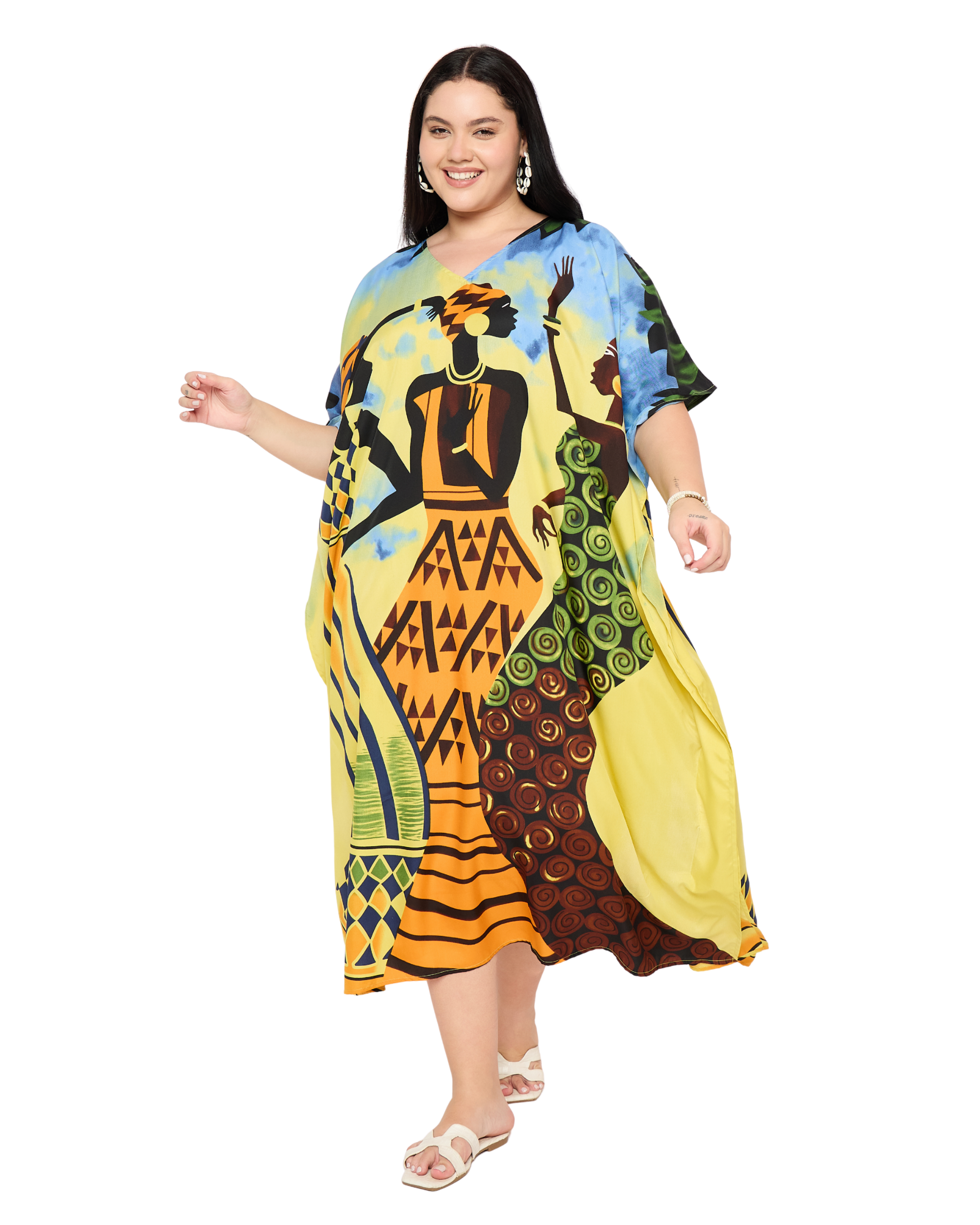 Yellow Tribal Kaftan for Women Plus Size Resort Wear Dress