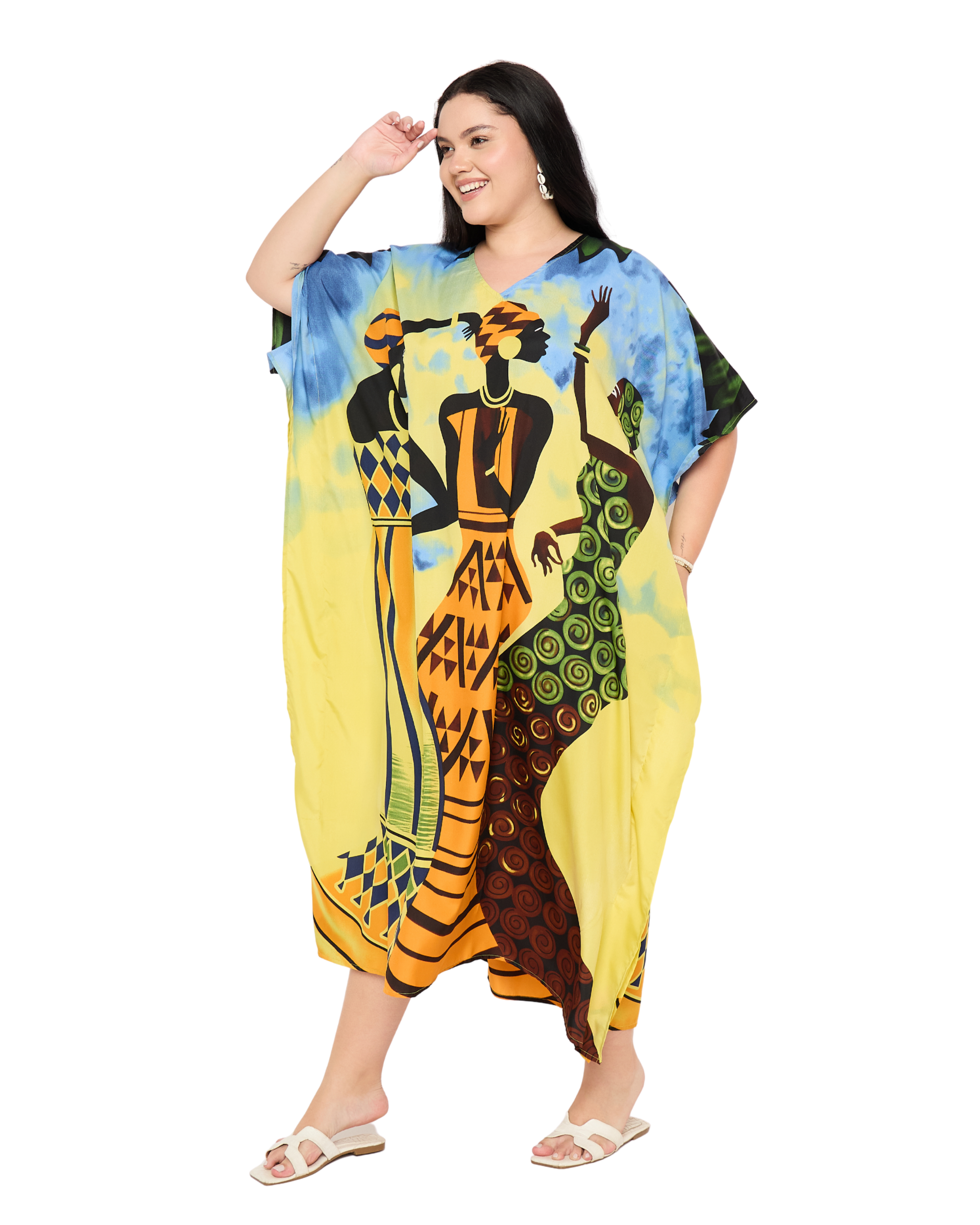 Yellow Tribal Kaftan for Women Plus Size Resort Wear Dress