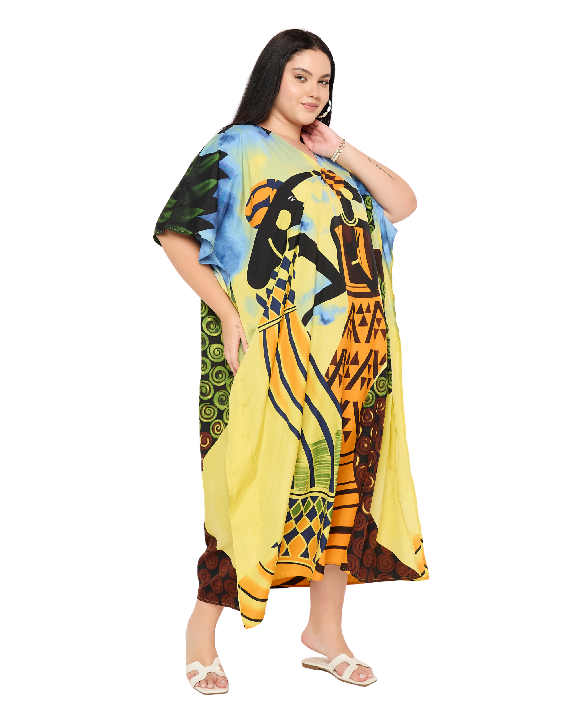 Yellow Tribal Kaftan for Women Plus Size Resort Wear Dress