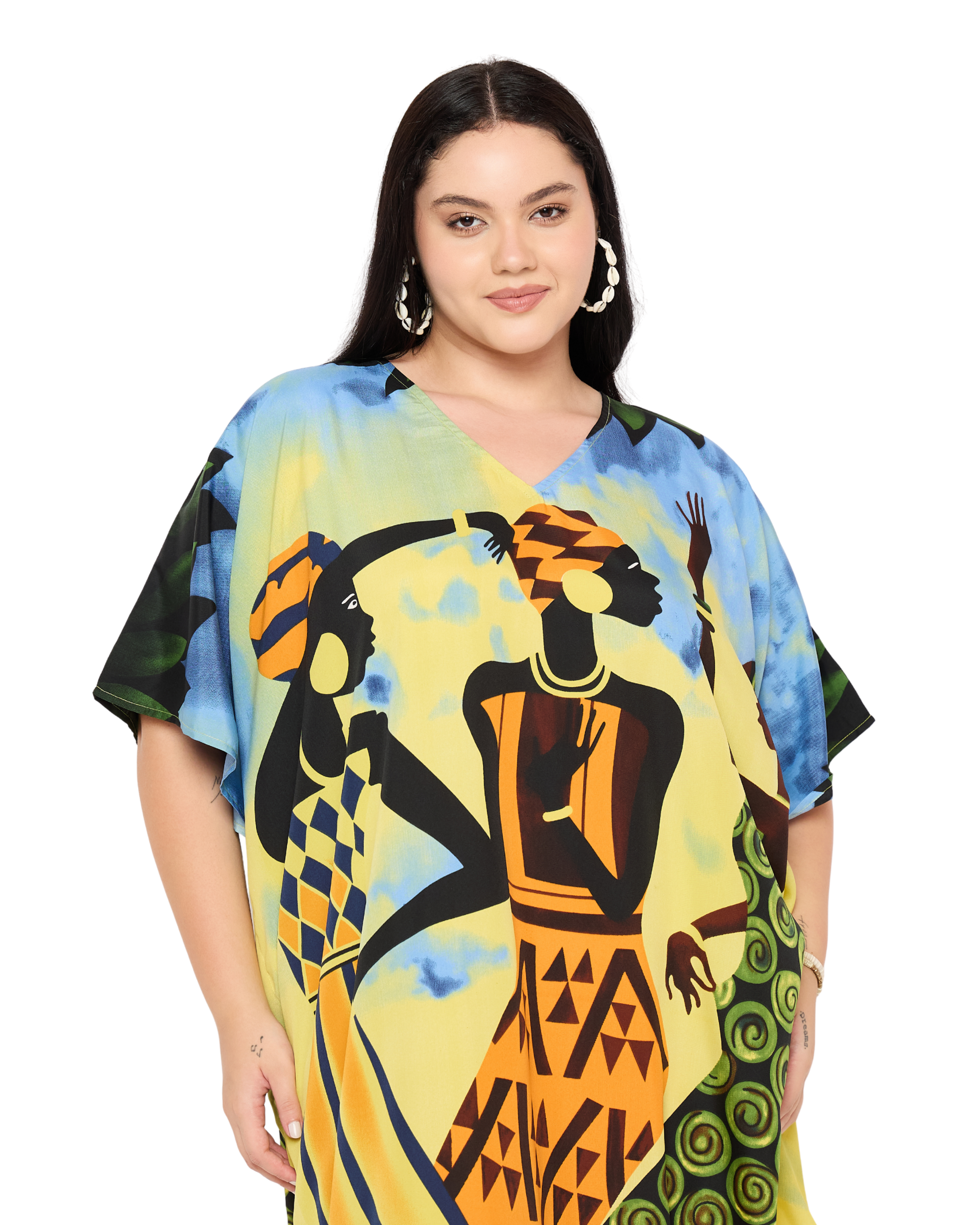 Yellow Tribal Kaftan for Women Plus Size Resort Wear Dress