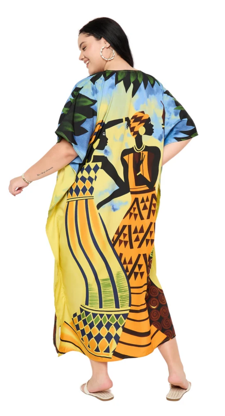 Yellow African Woman Figure Colorblock Polyester Plus Size Kaftan for Women 1X-3X V Neck | GypsieBlu