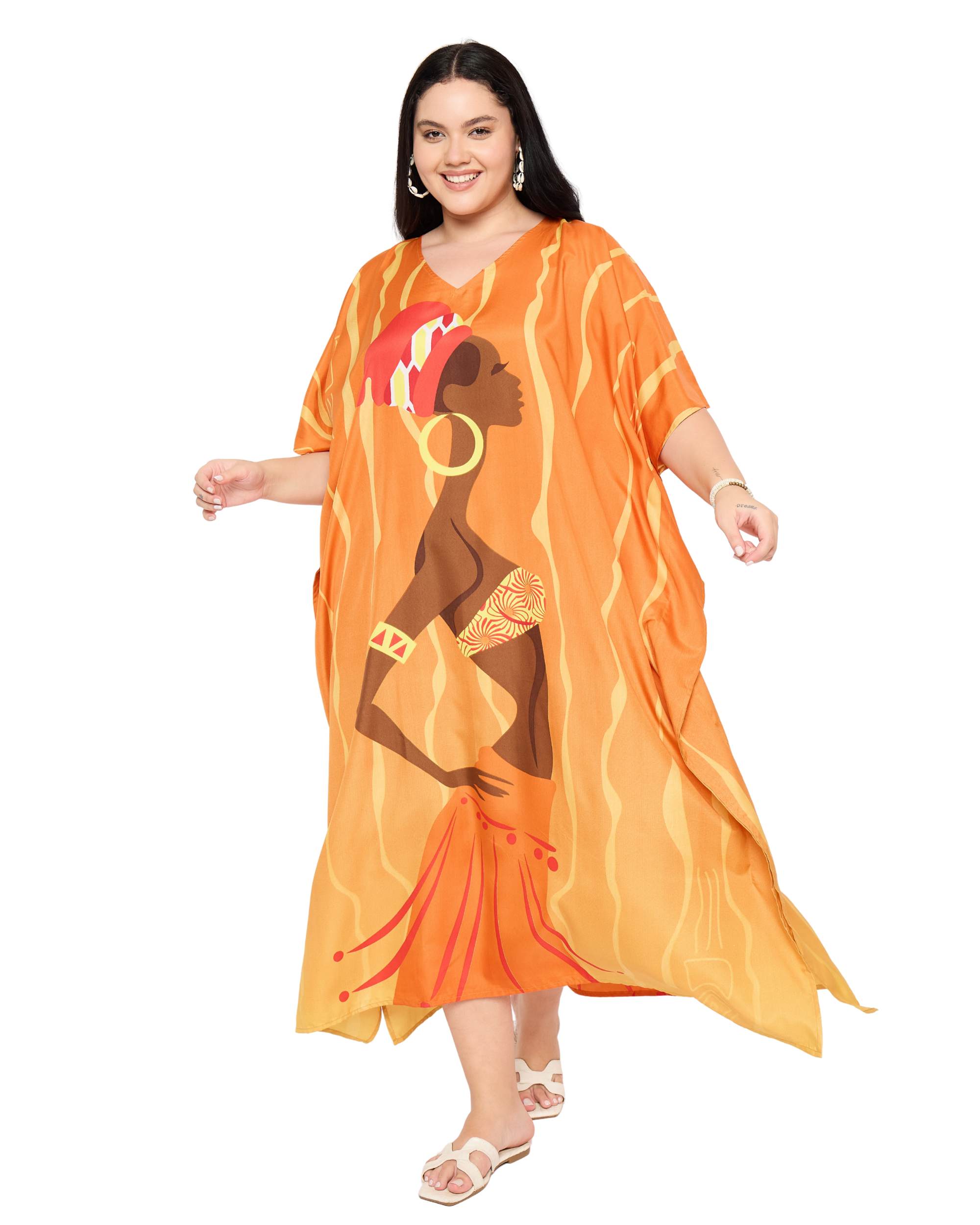 Orange Tribal Polyester Women Plus Size Caftan Kimono Dress