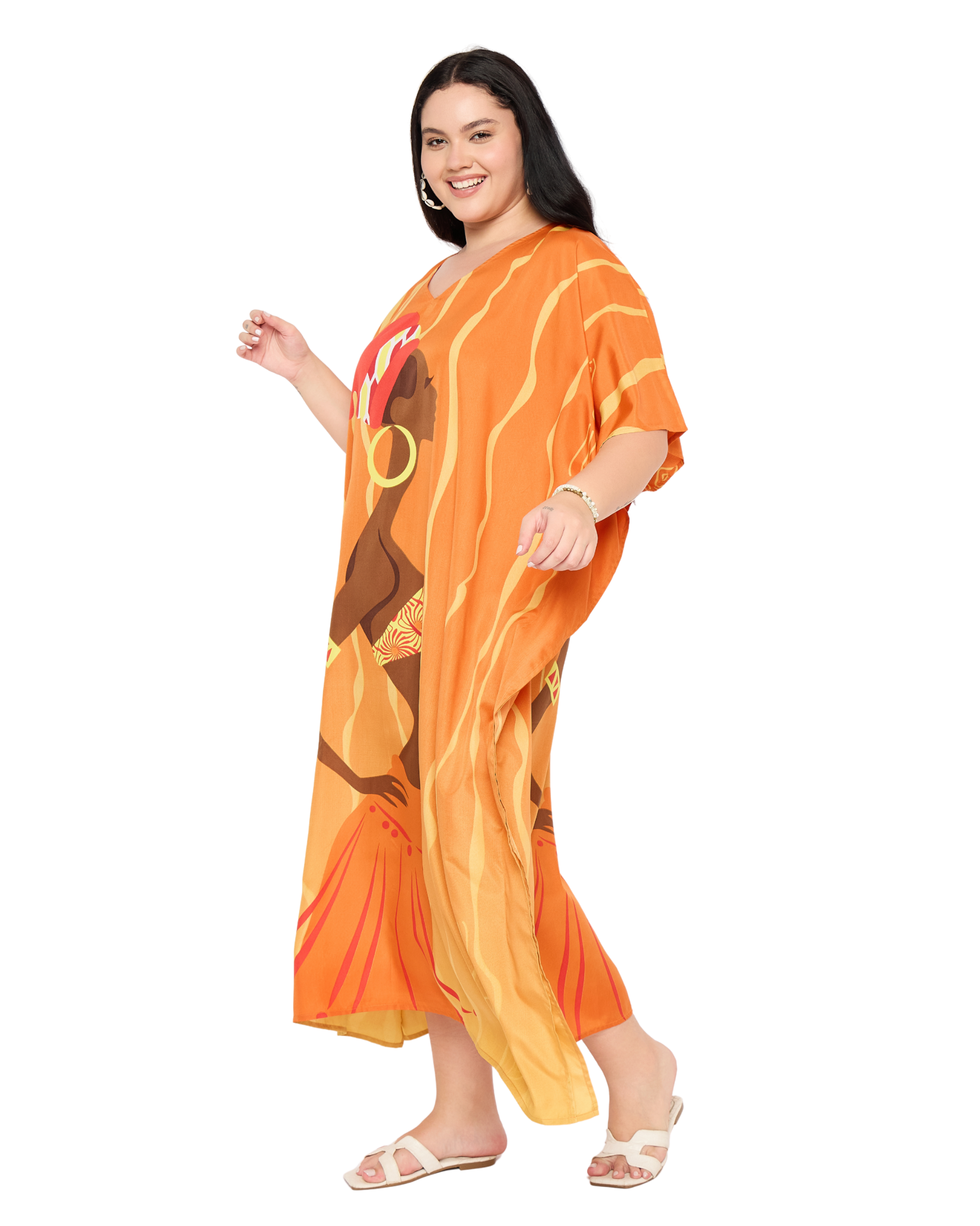 Orange Tribal Polyester Women Plus Size Caftan Kimono Dress
