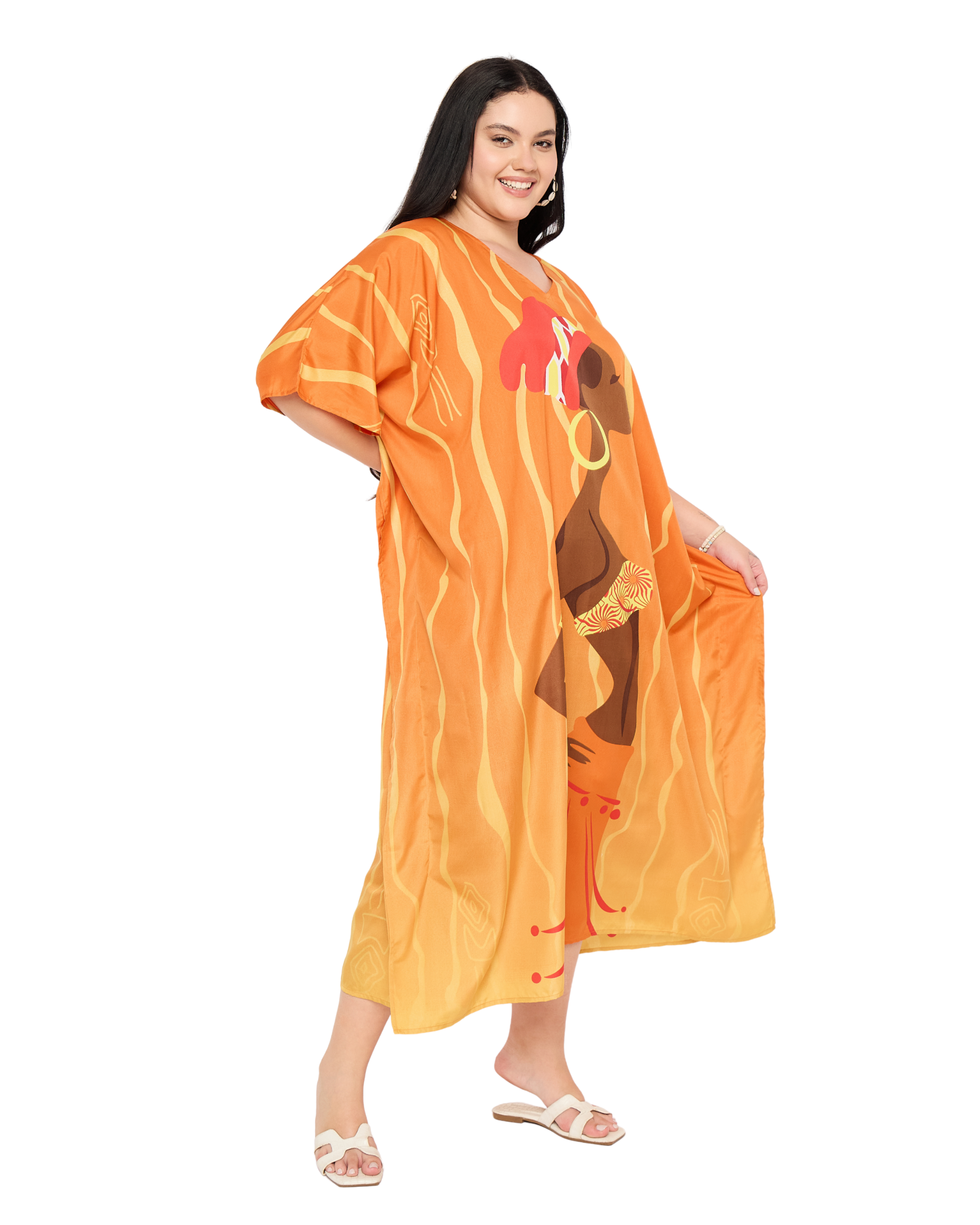 Orange Tribal Polyester Women Plus Size Caftan Kimono Dress