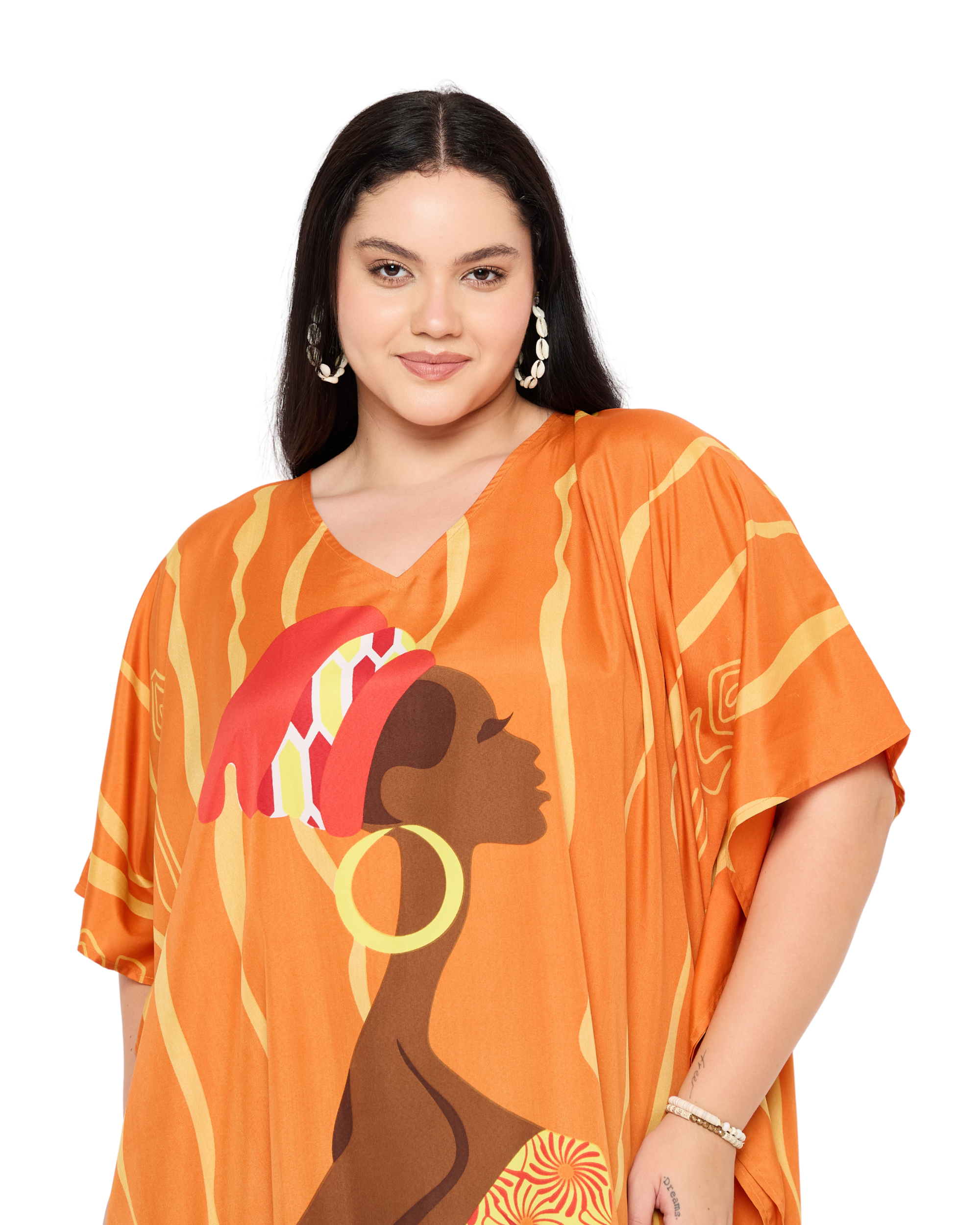 Orange Tribal Polyester Women Plus Size Caftan Kimono Dress