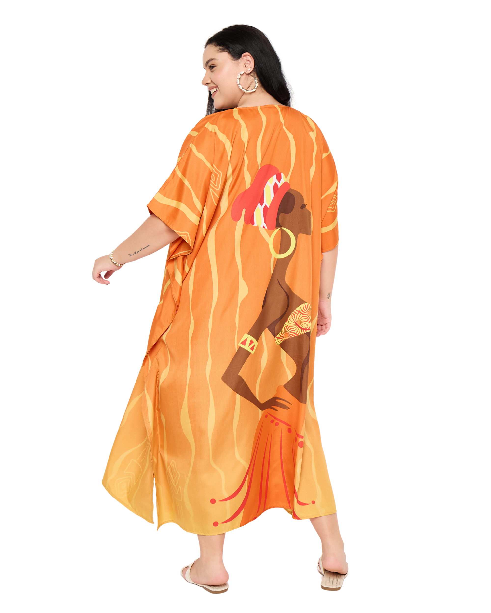 Orange Tribal Polyester Women Plus Size Caftan Kimono Dress
