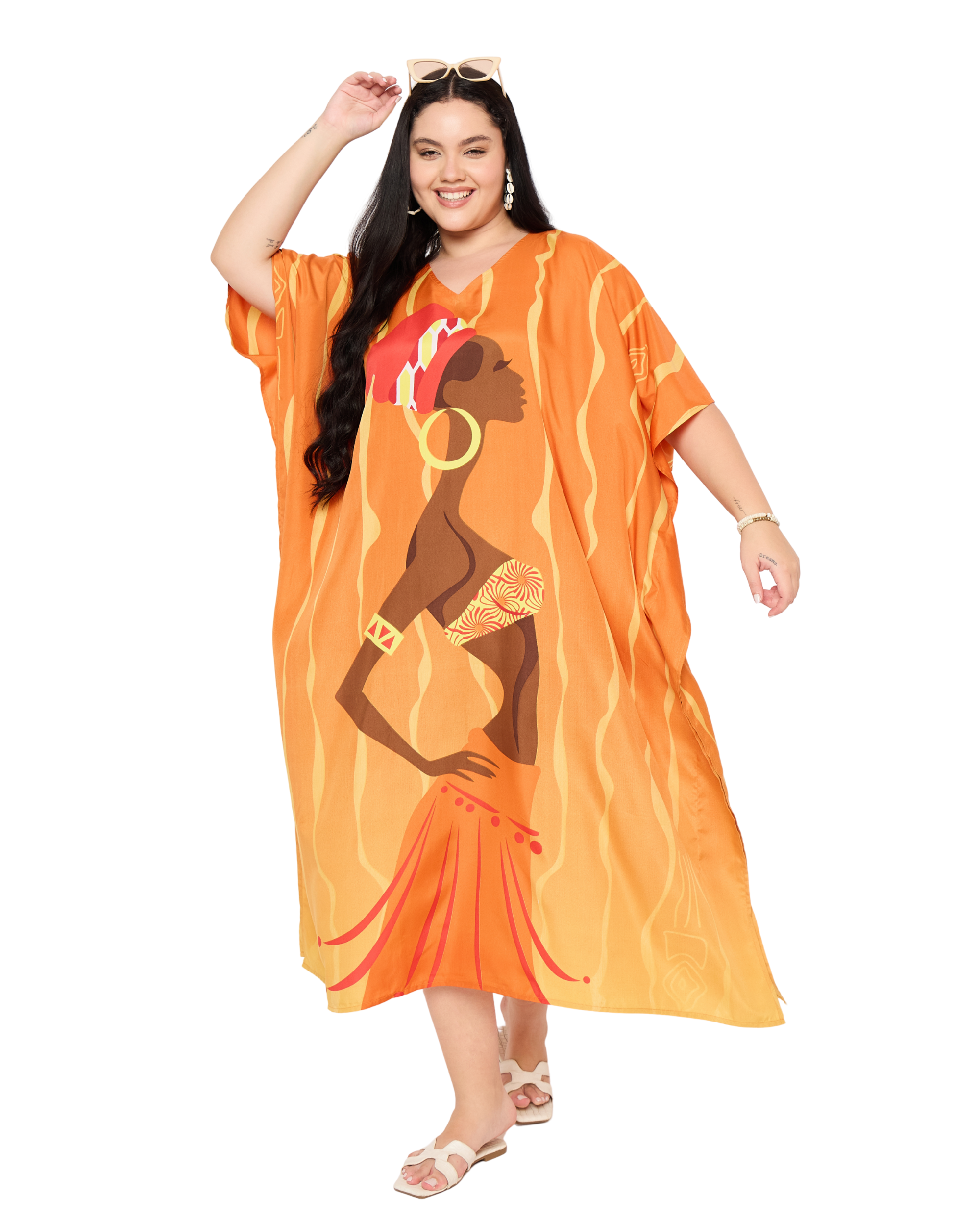 Orange Tribal Polyester Women Plus Size Caftan Kimono Dress