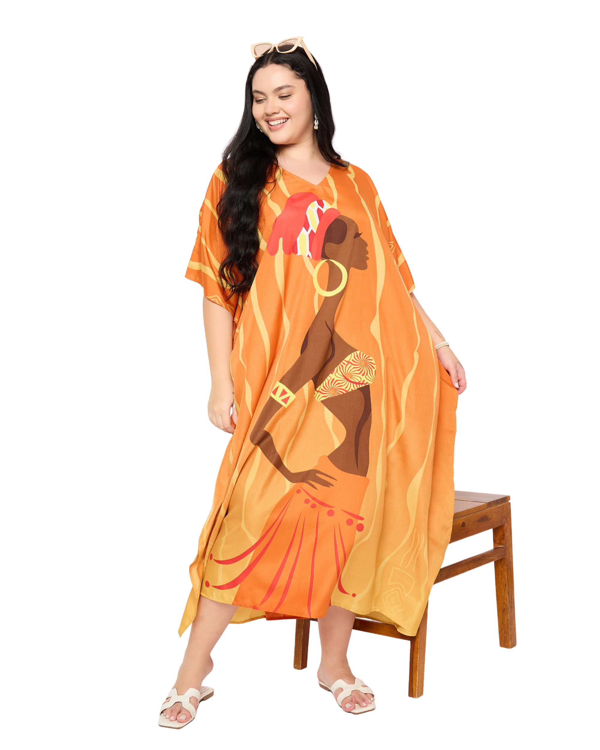 Orange Tribal Polyester Women Plus Size Caftan Kimono Dress