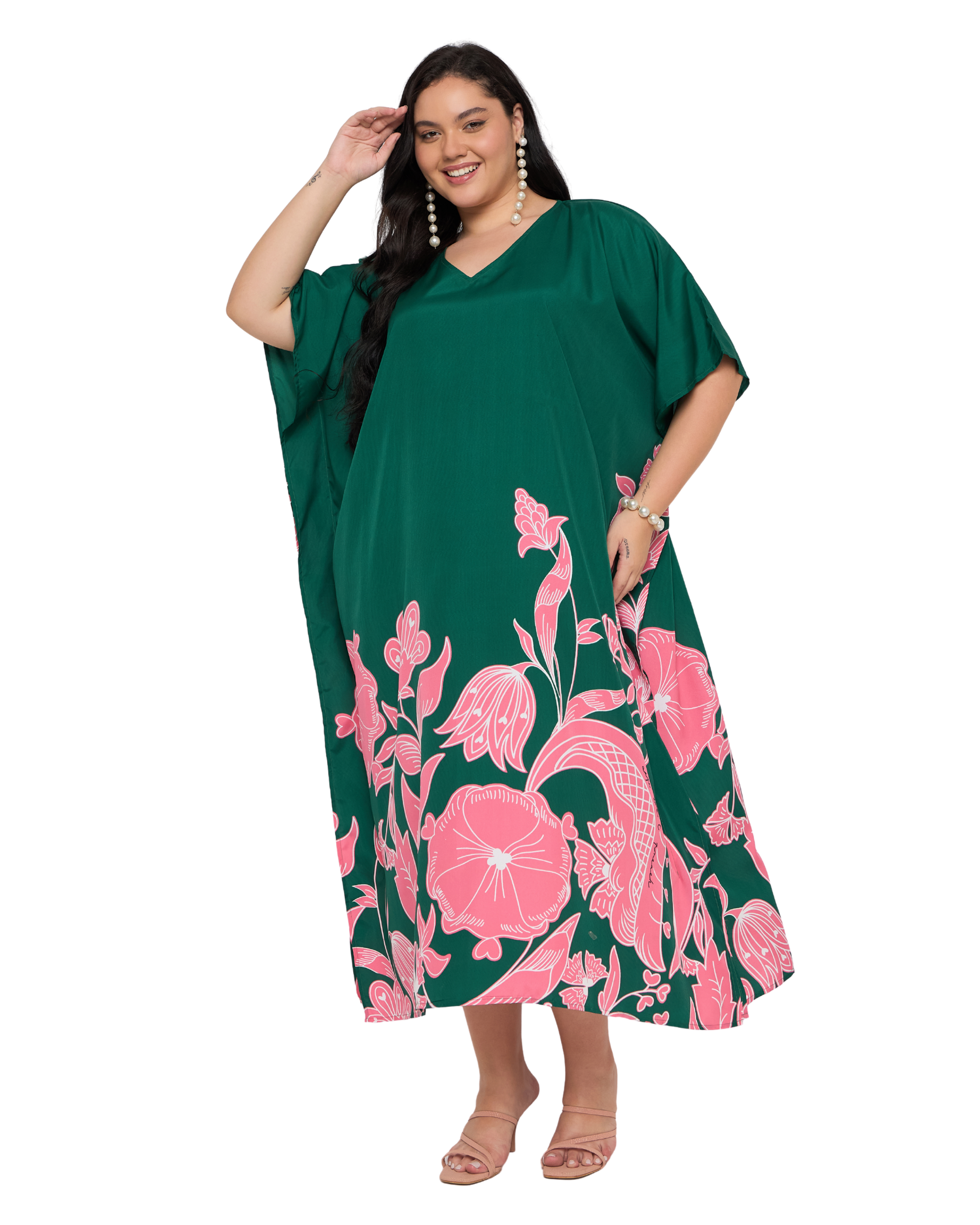 Deep Green Floral Polyester Women Plus Size Beach Caftan