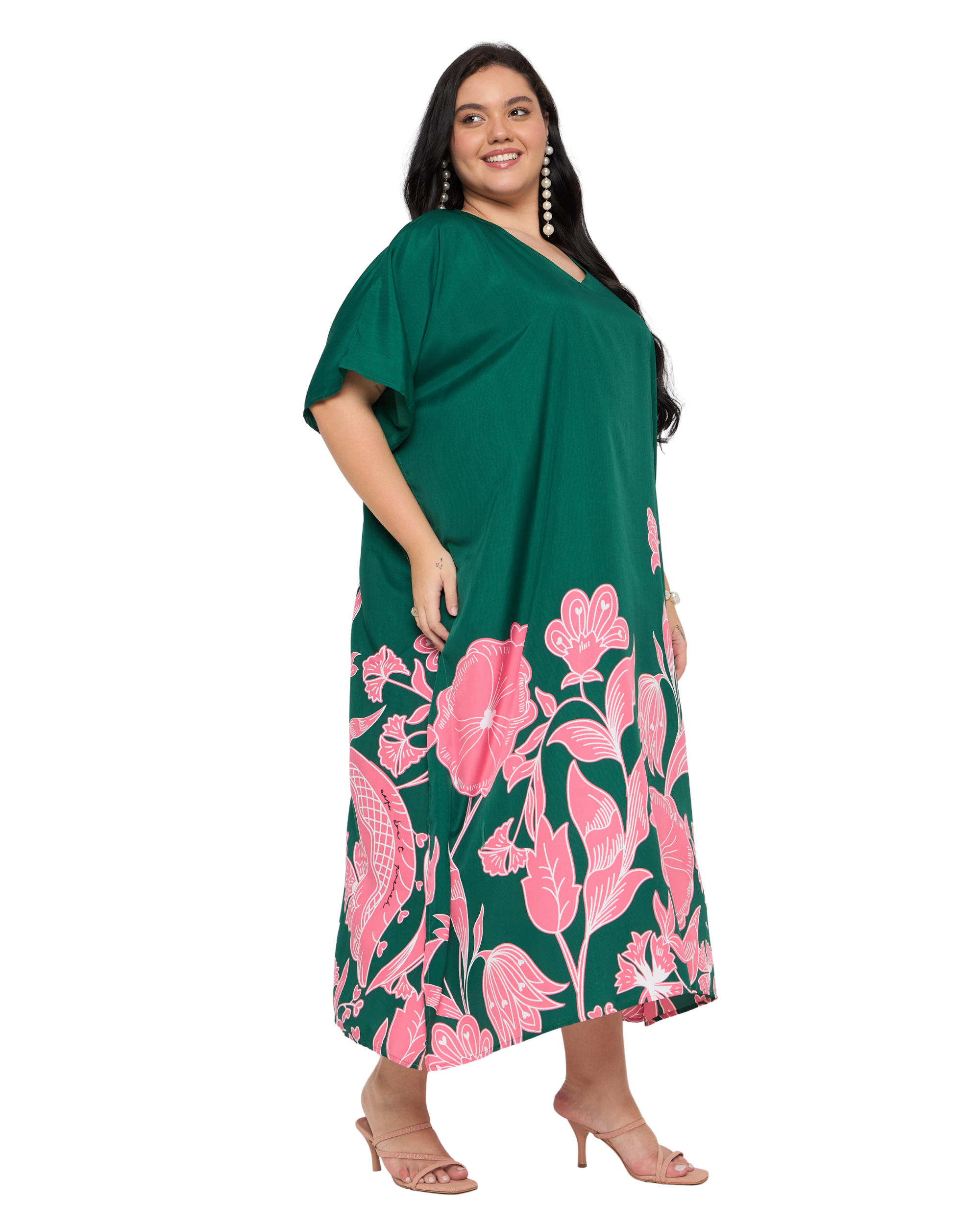 Deep Green Floral Polyester Women Plus Size Beach Caftan