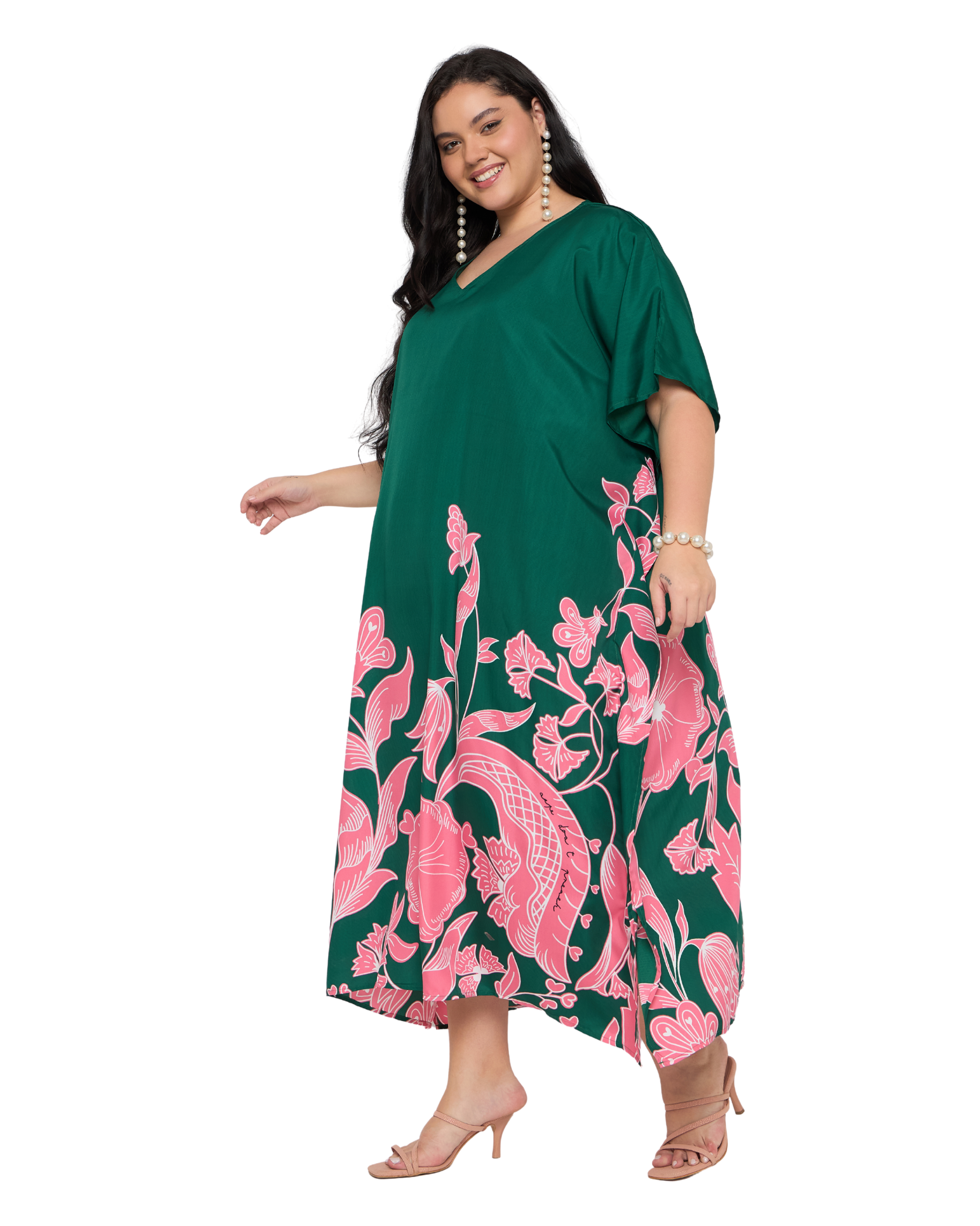 Deep Green Floral Polyester Women Plus Size Beach Caftan
