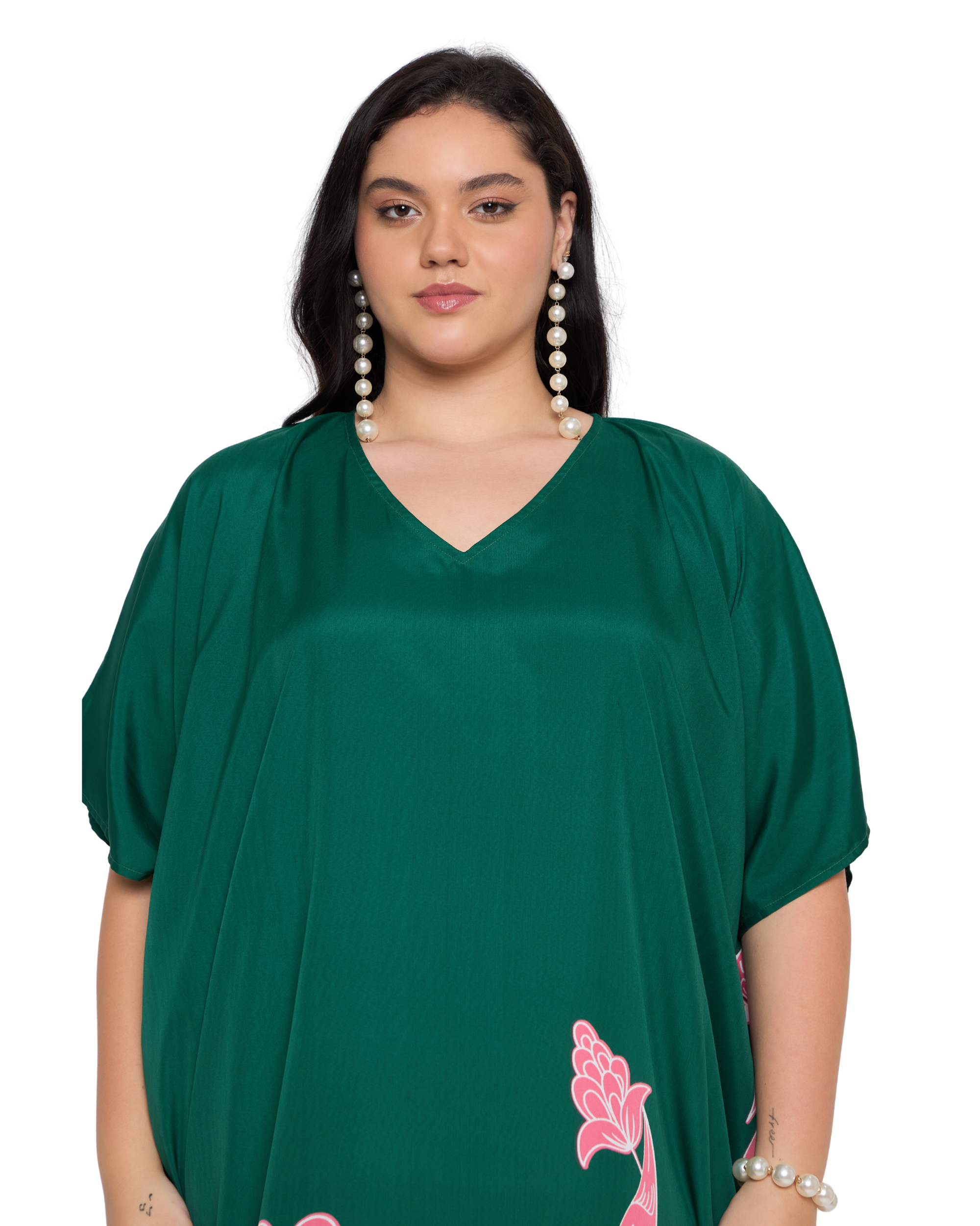 Deep Green Floral Polyester Women Plus Size Beach Caftan