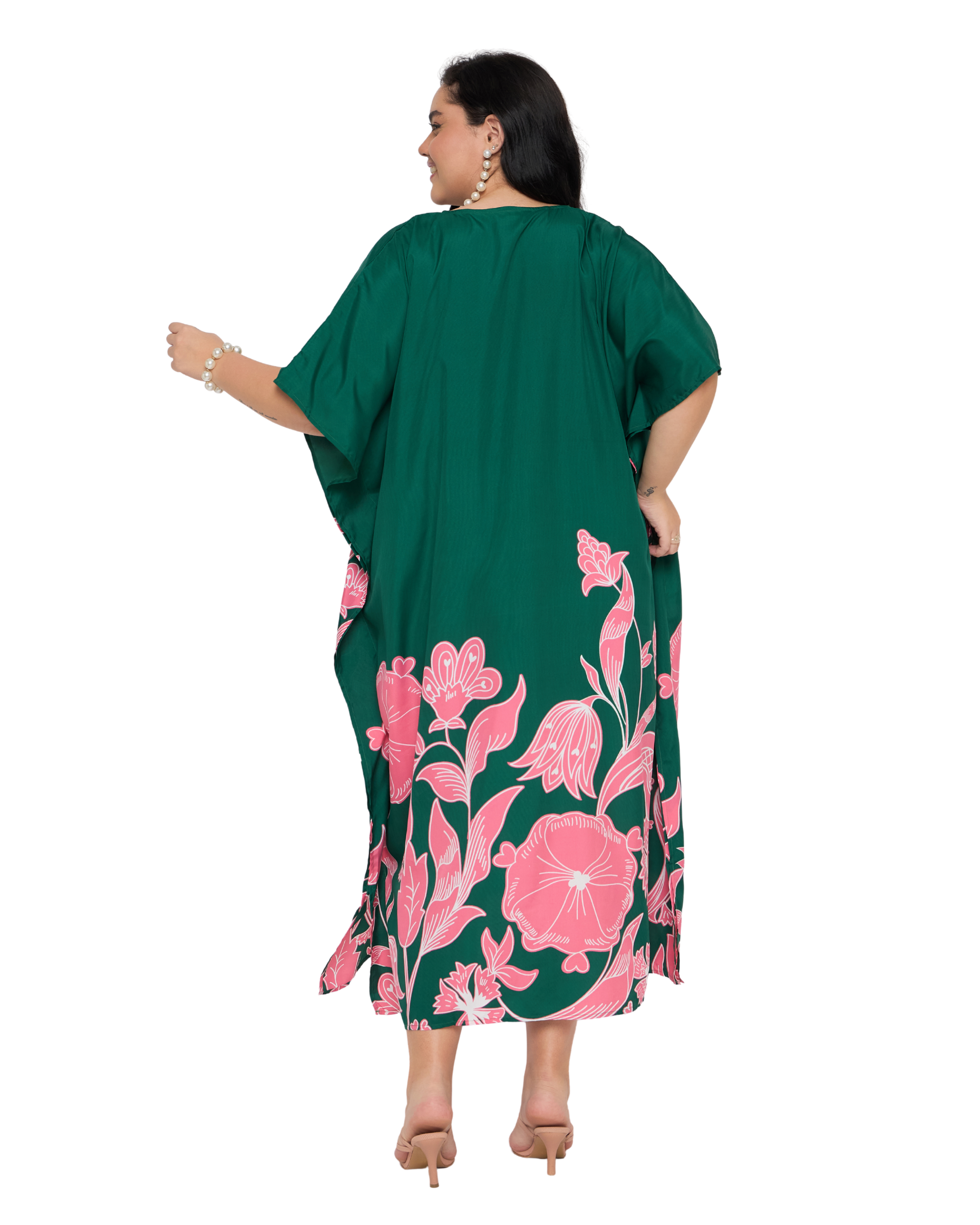 Deep Green Floral Polyester Women Plus Size Beach Caftan